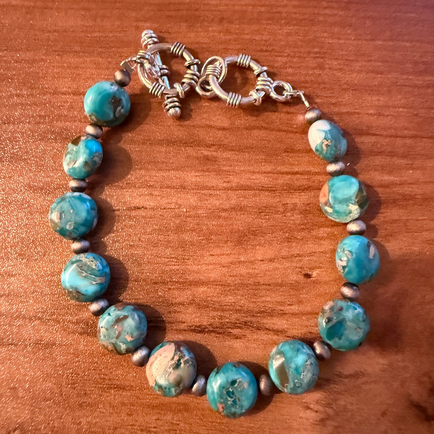 Navajo Style Round Turquoise Stone Adjustable Bead Bracelet Silver Plated