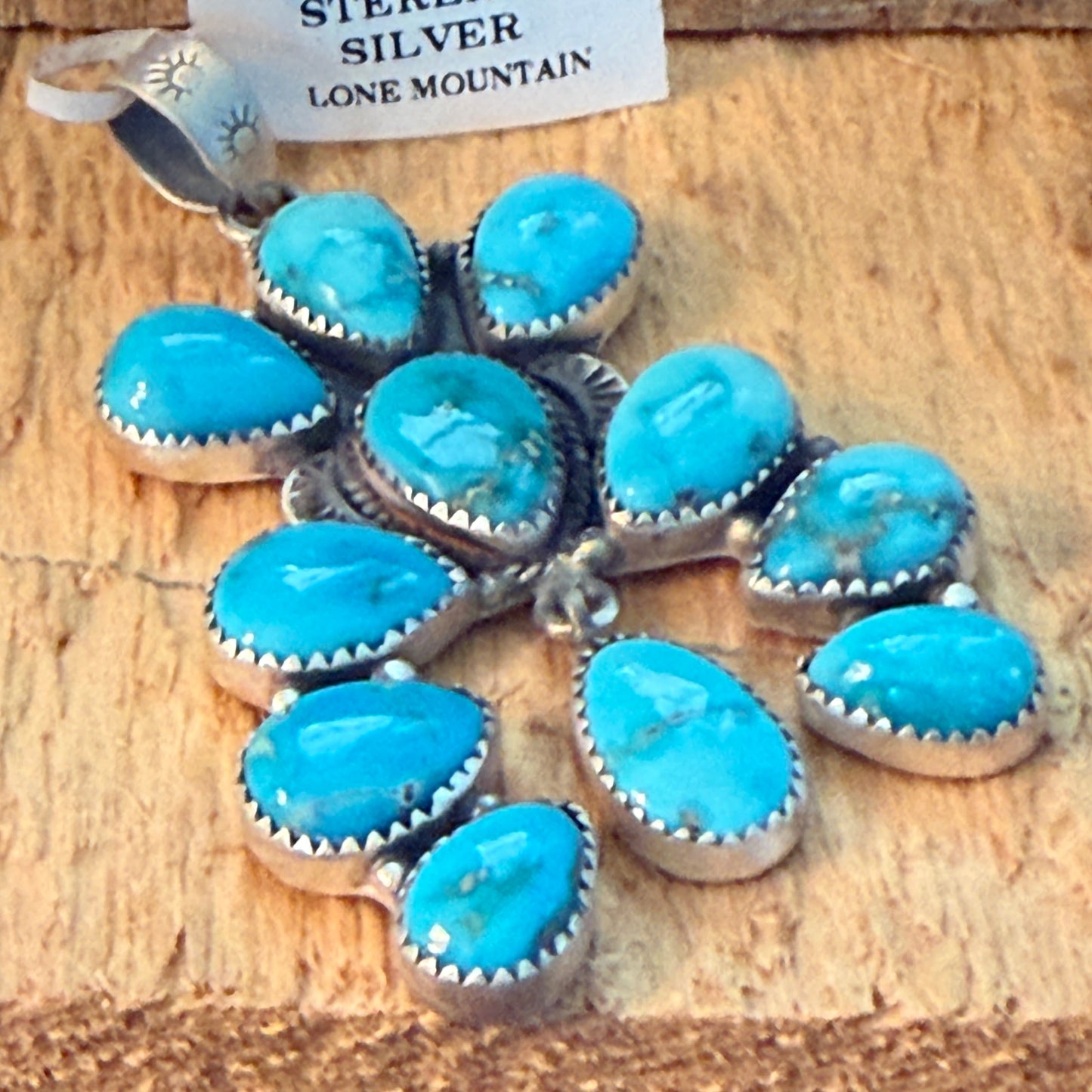 Native Inspired Lone Mountain Turquoise Cluster Sterling Silver Pendant