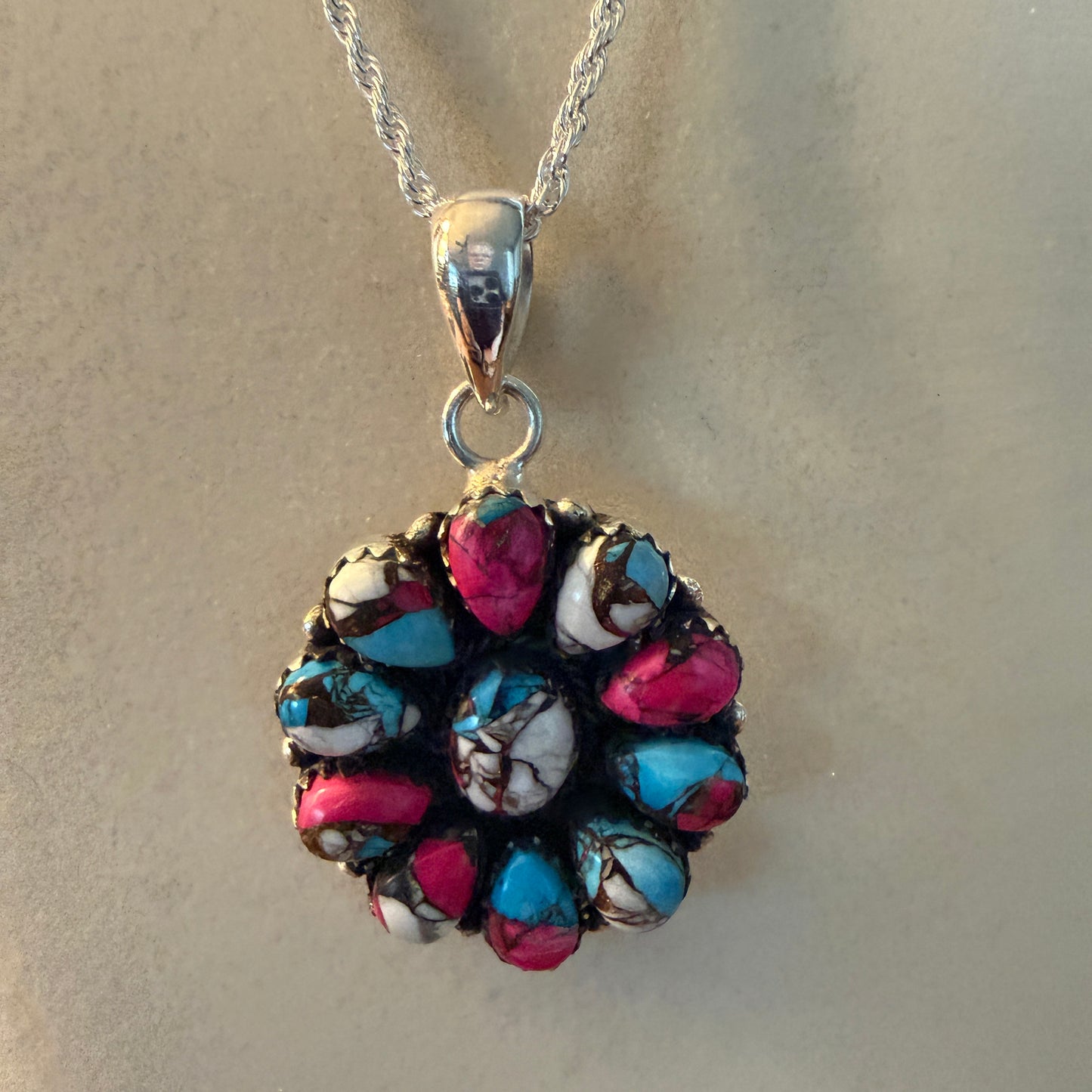 Cotton Candy Gemstone Cluster Necklace Sterling Silver 18 Inch Chain