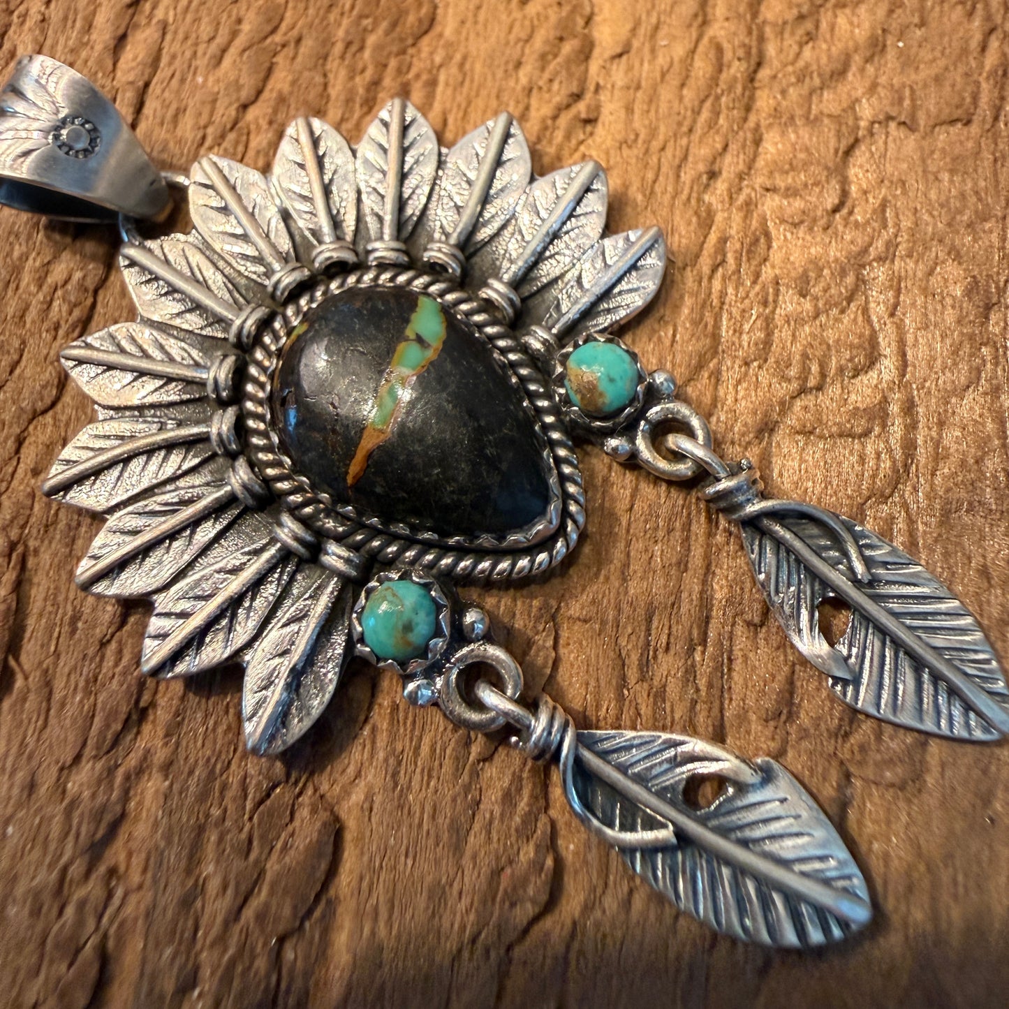 Handcrafted Black Jack Turquoise Native Style Headdress Pendant Sterling Silver