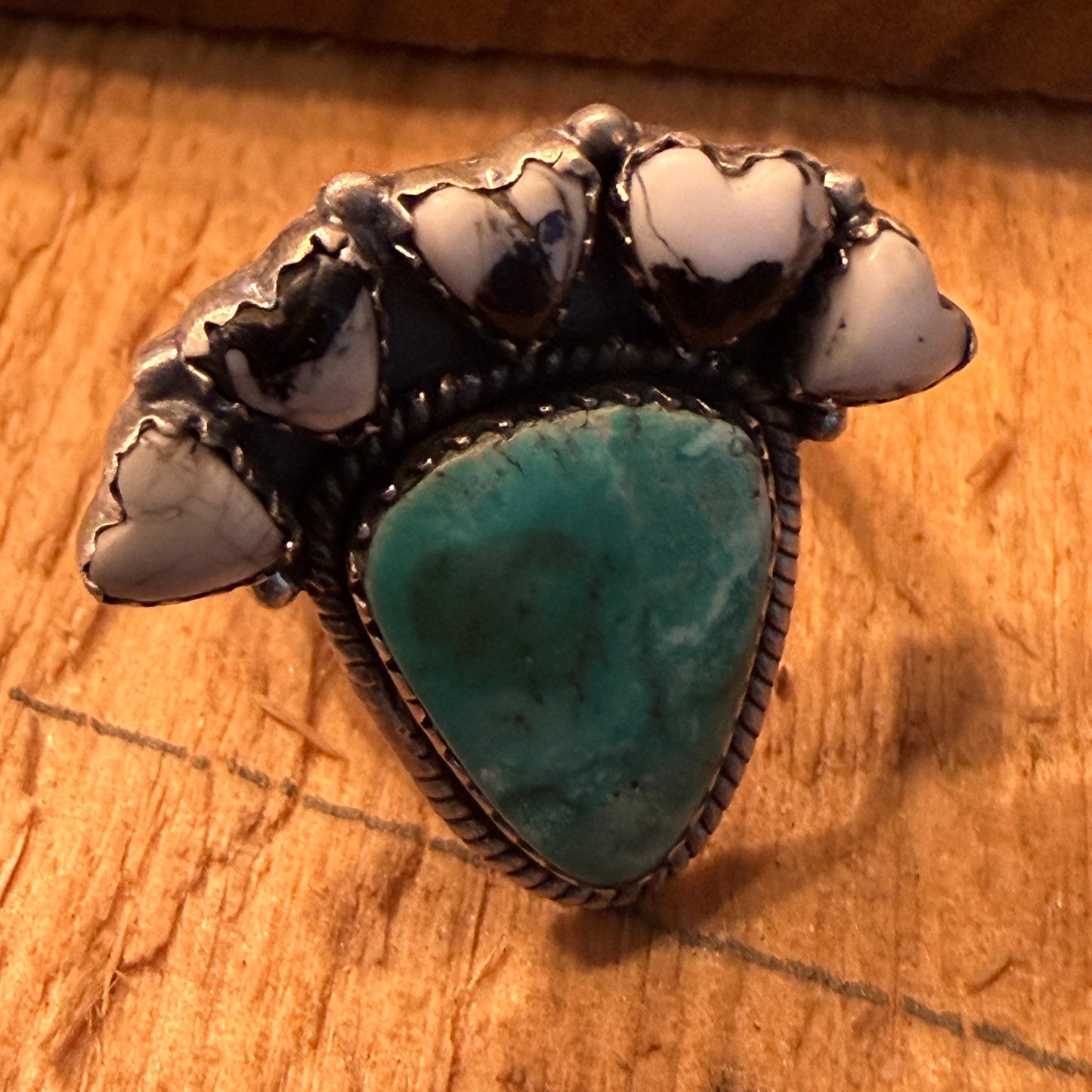 White Buffalo Kingman Turquoise Cluster Adjustable Ring Sterling Silver