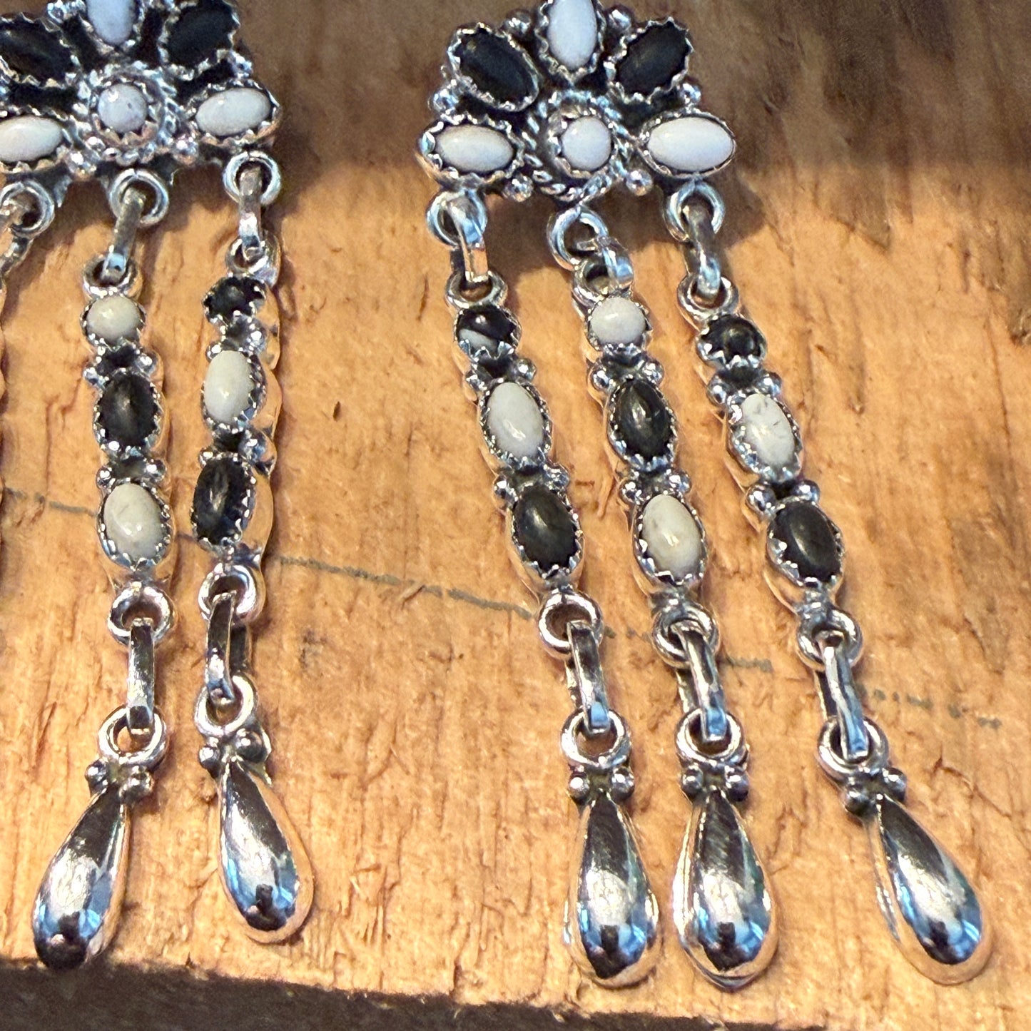Handcrafted White Buffalo Dahlia Cluster Dangle Earrings Sterling Silver