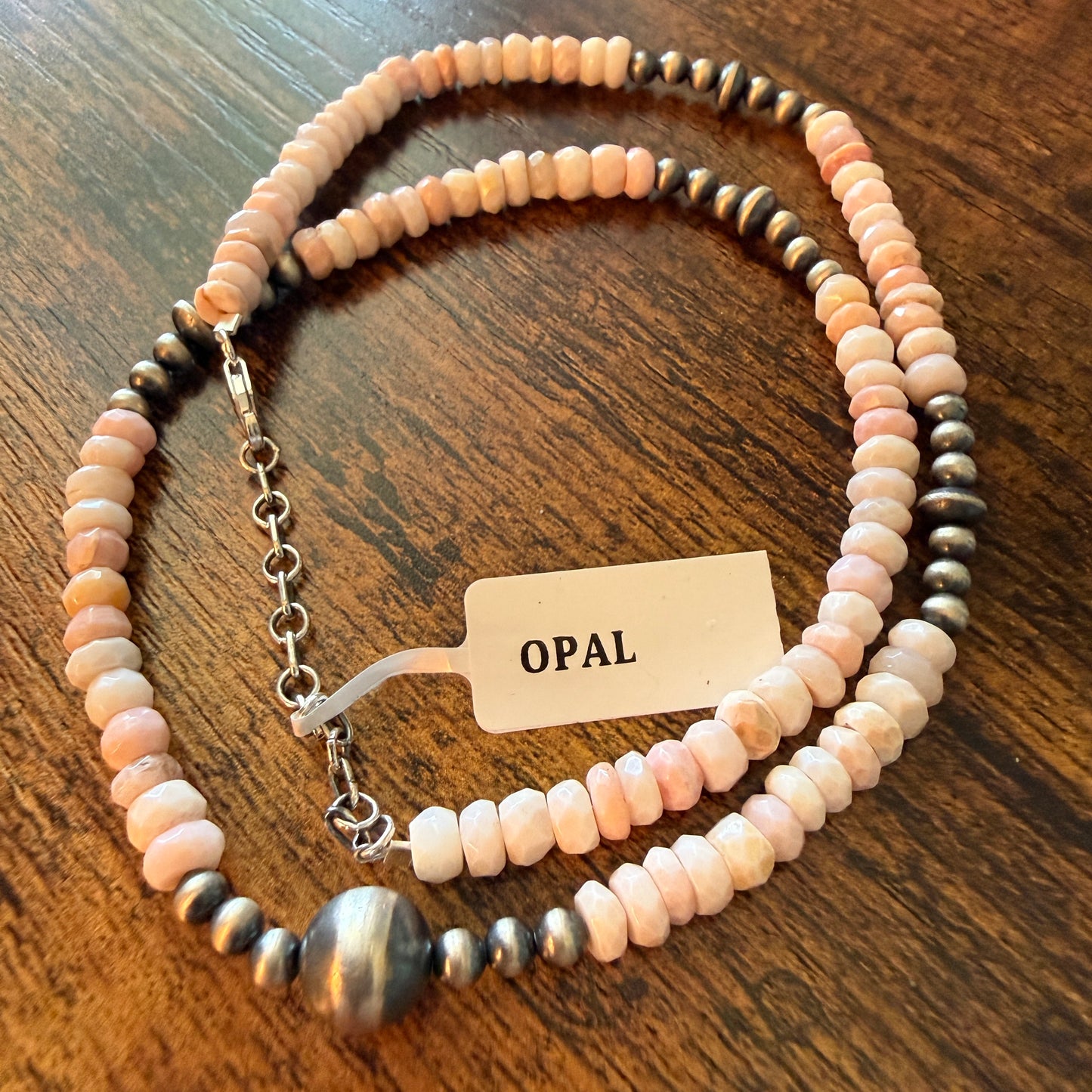 Pink Opal And Sterling Silver Pearl Beads Necklace 20 Inch