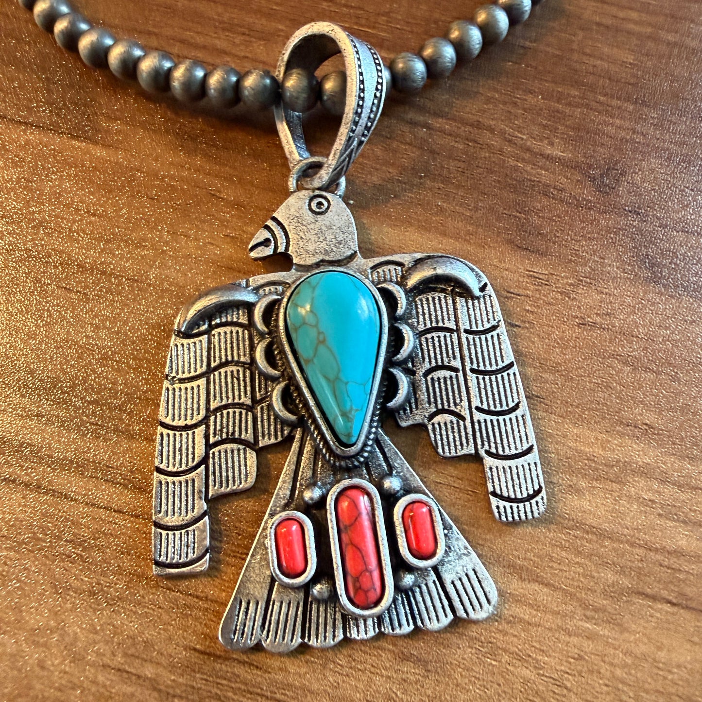 Navajo Style Thunderbird Turquoise Pendant, 6mm Silver Pearl Necklace, 18 Inch