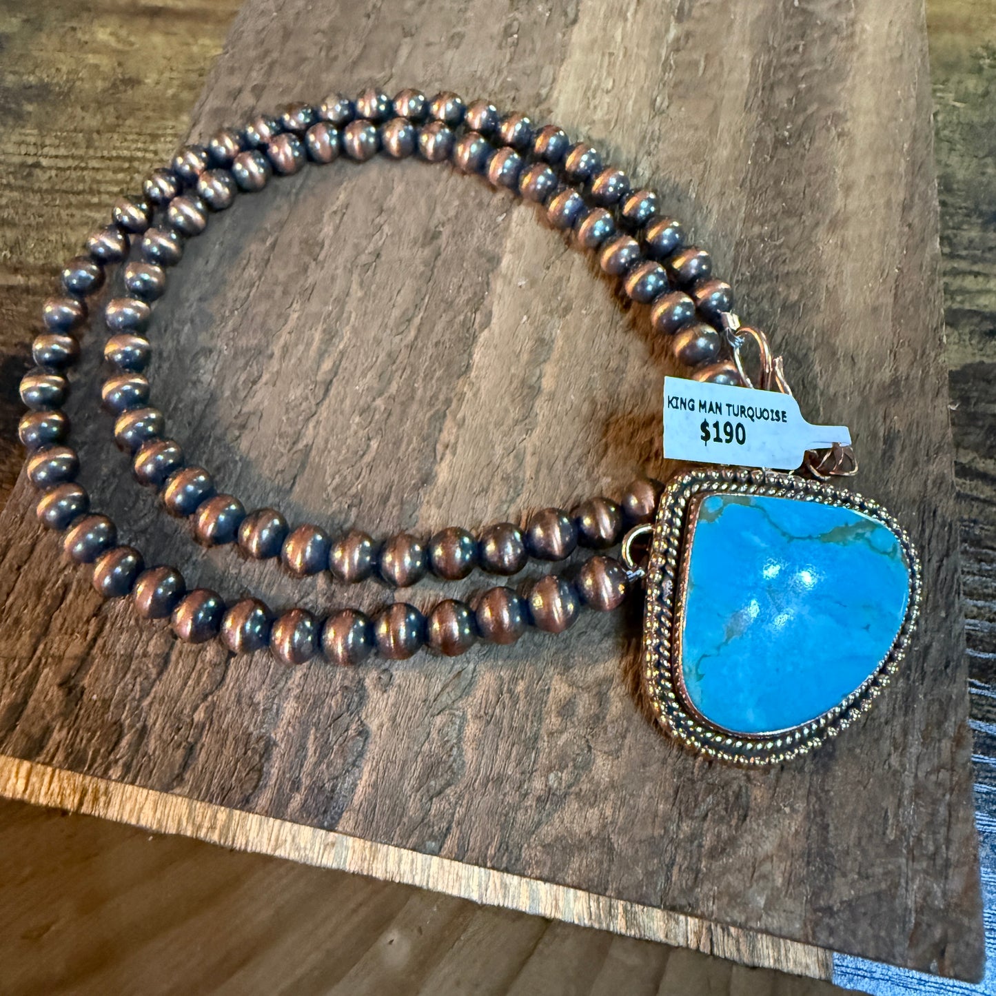 Kingman Turquoise Gemstone Genuine Copper Pearl Bead Necklace 18 Inch