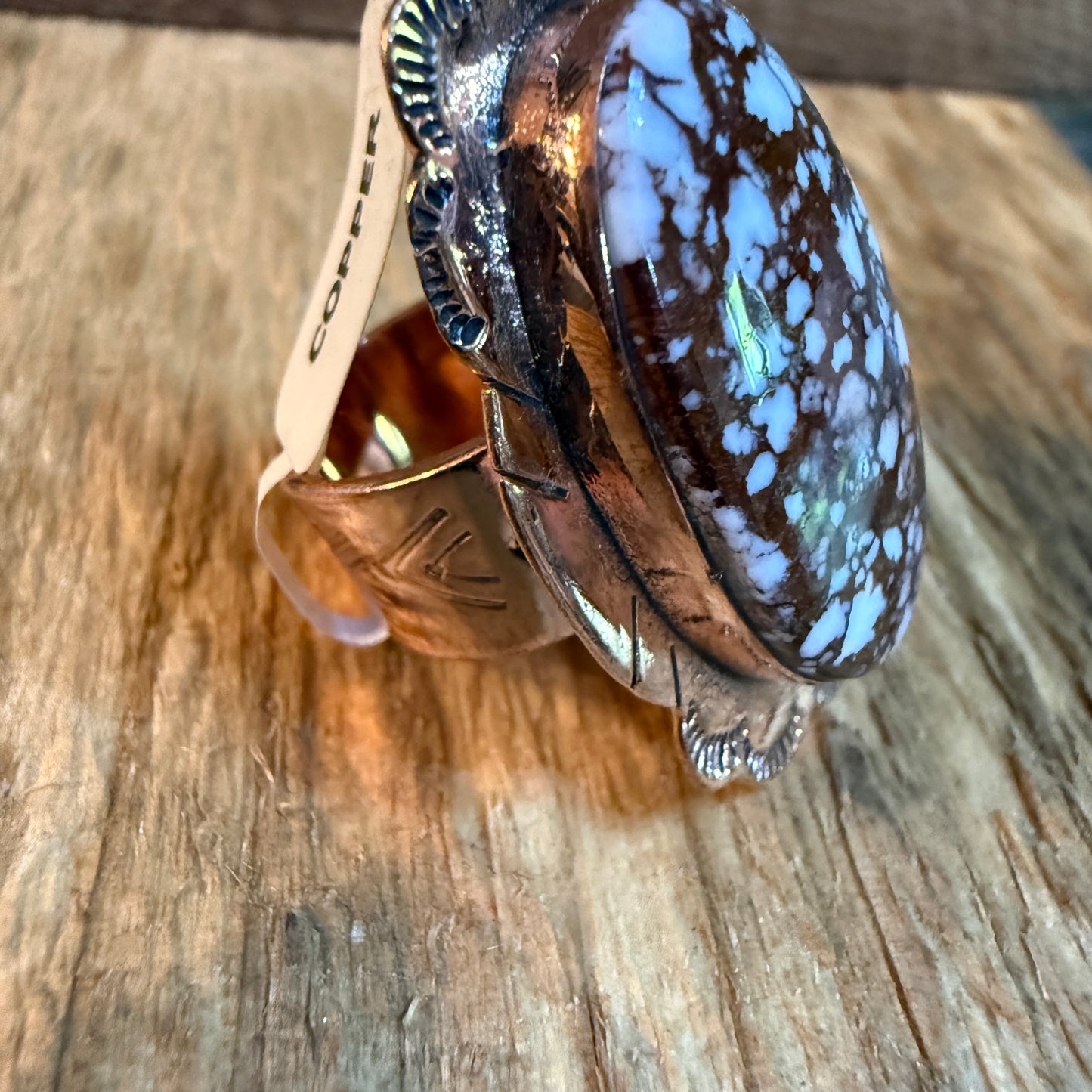 Wild Horse Gemstone Adjustable Copper Ring With One and a Half Inch Stone