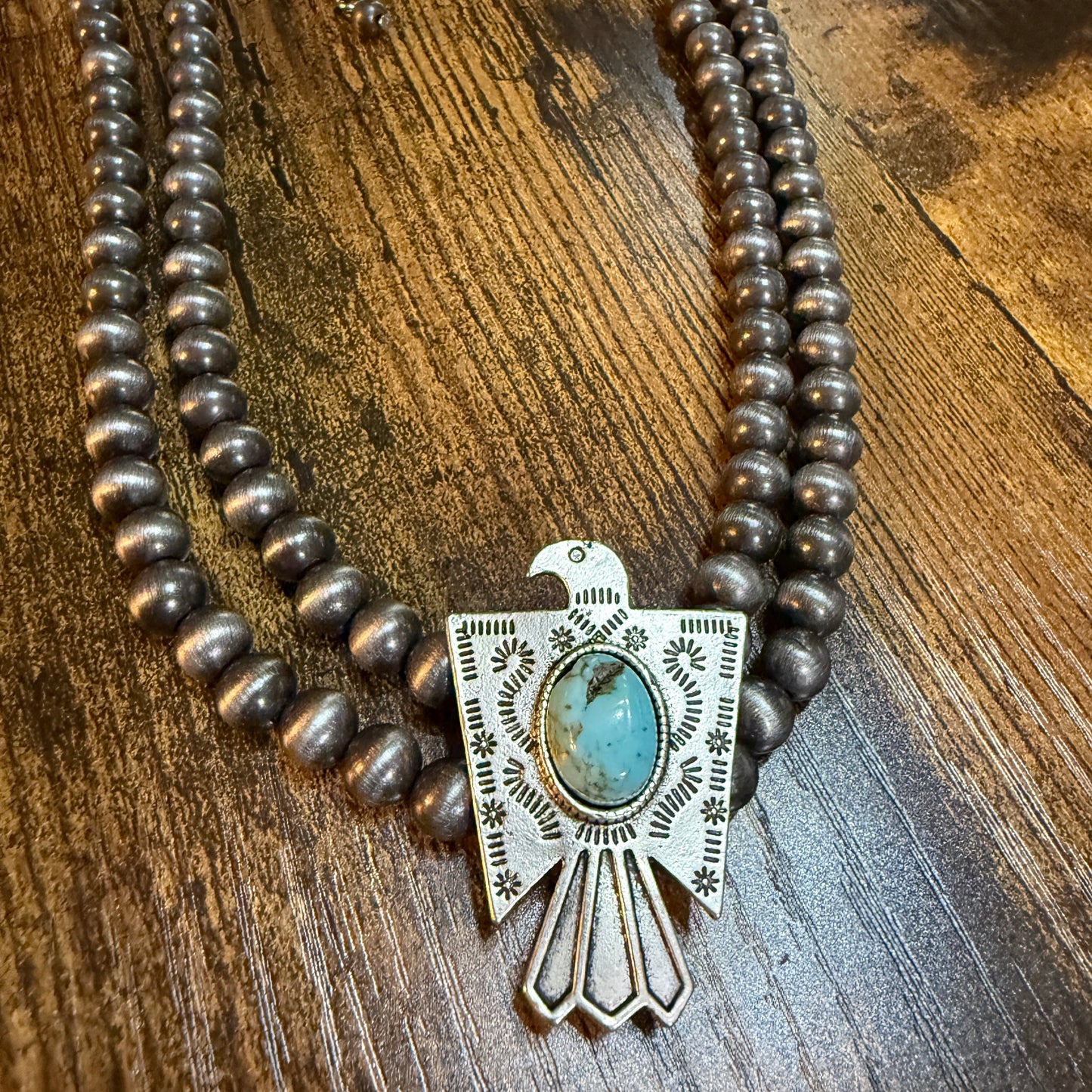 Handmade Navajo Style Bead Thunderbird Turquoise Choker Necklace 16 Inch 2 Strand