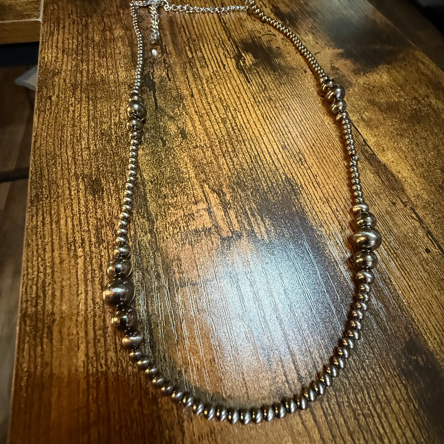 Navajo Style Western Silver Tone Bead Necklace With Clustered Polish Beads 22 To 27 Inch