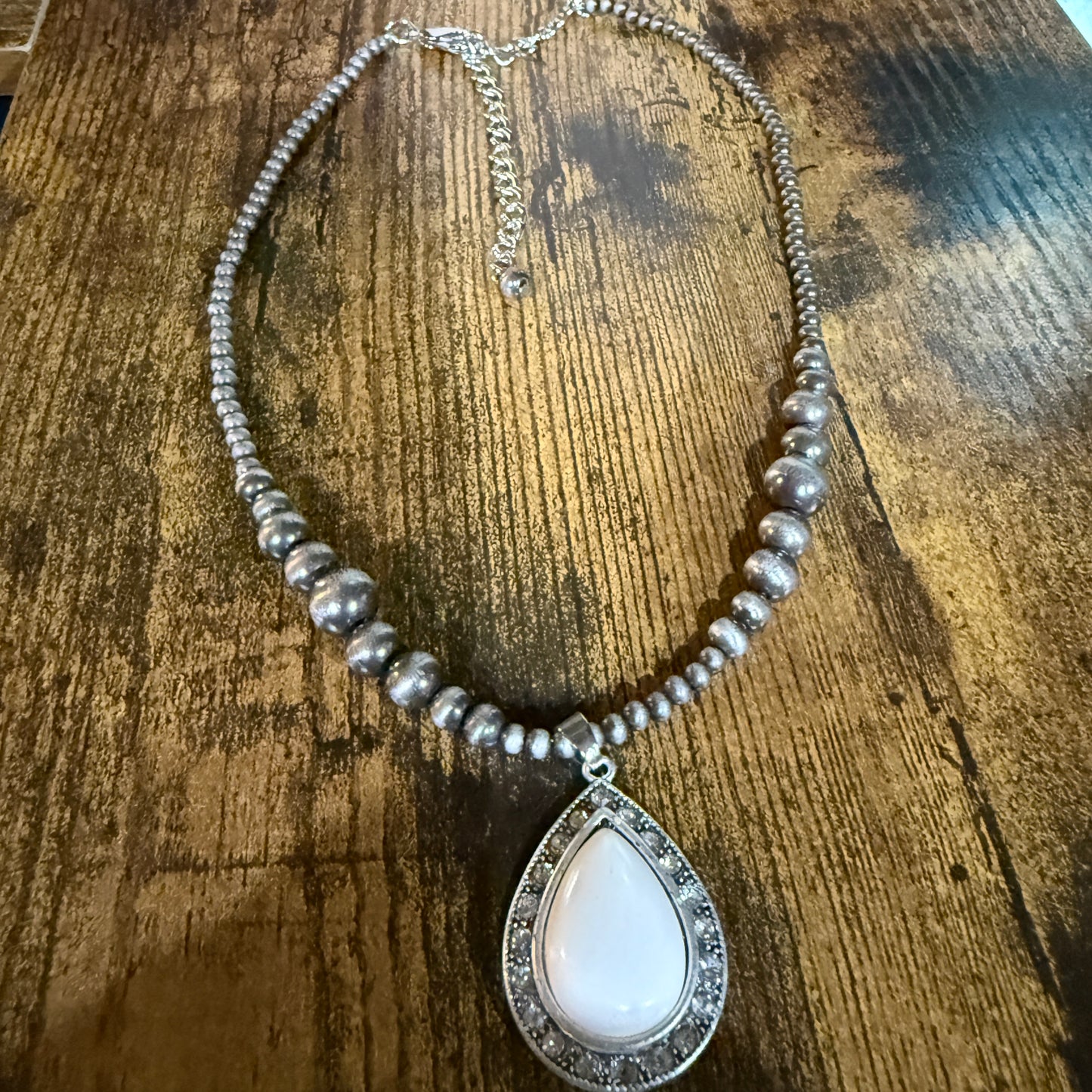 Handcrafted Navajo Style Crystal White Turquoise Necklace 16 to 21 Inches Extender