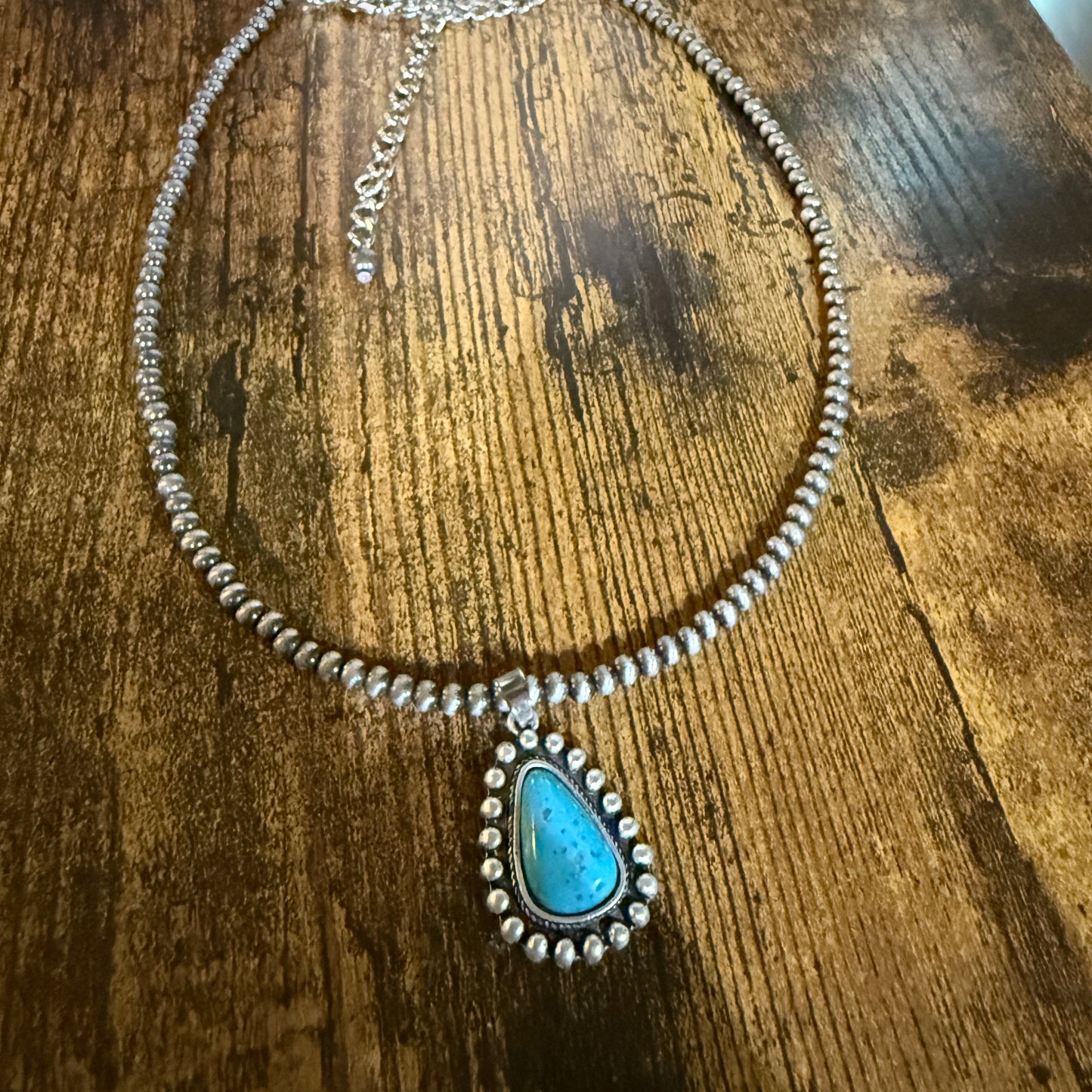 Handmade Navajo Style Turquoise Necklace With Tiny 4mm Beads And 1.3 Inch Pendant