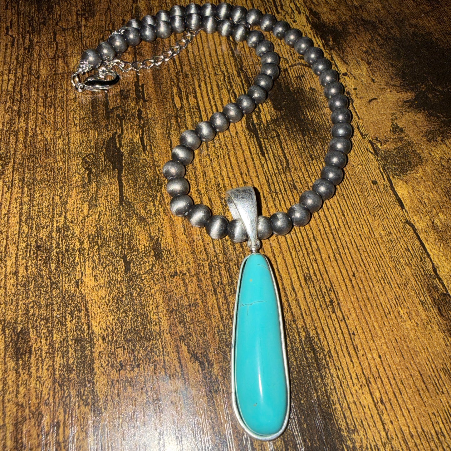 Navajo Style Elongated Turquoise Pendant With 8mm Pearl Beads 16 Inch Adjustable