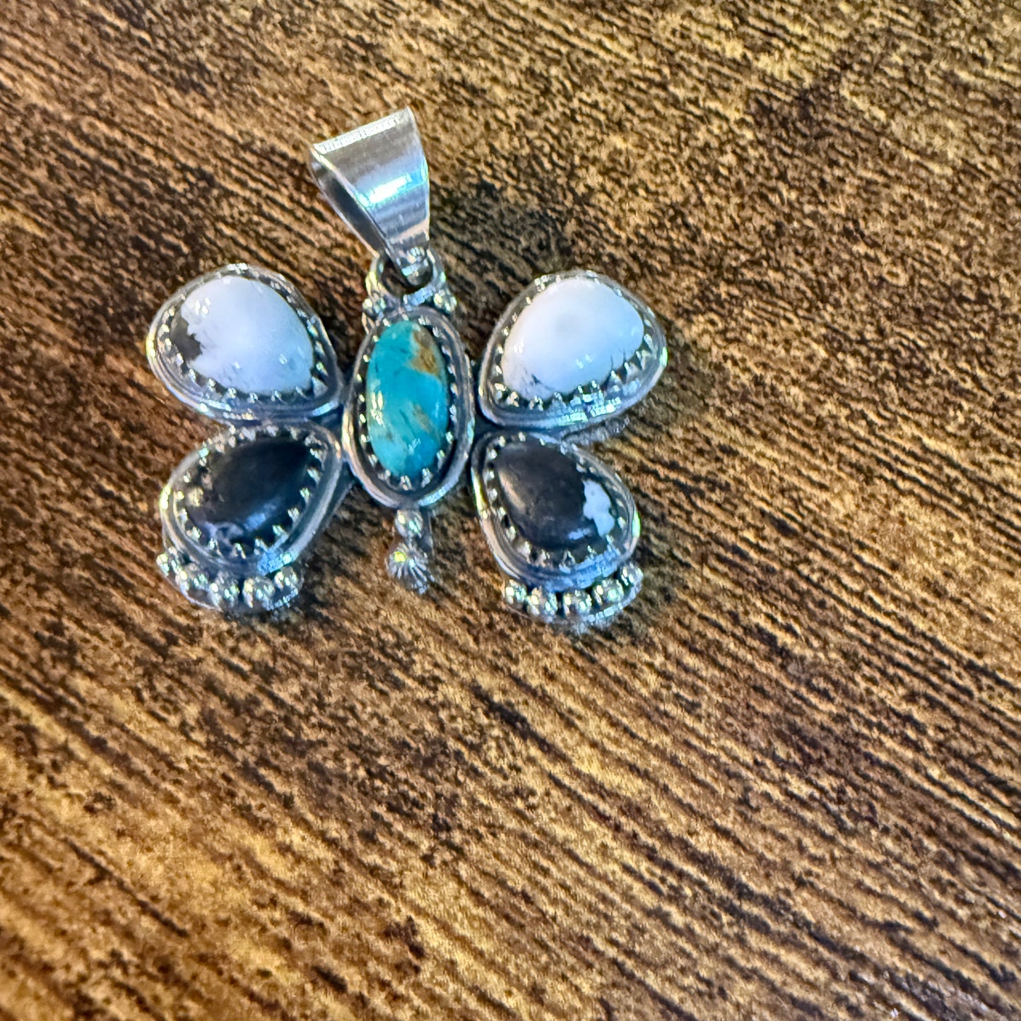 Sonoran Gold and White Buffalo Gemstone Butterfly Pendant in Sterling Silver Wild West Boho
