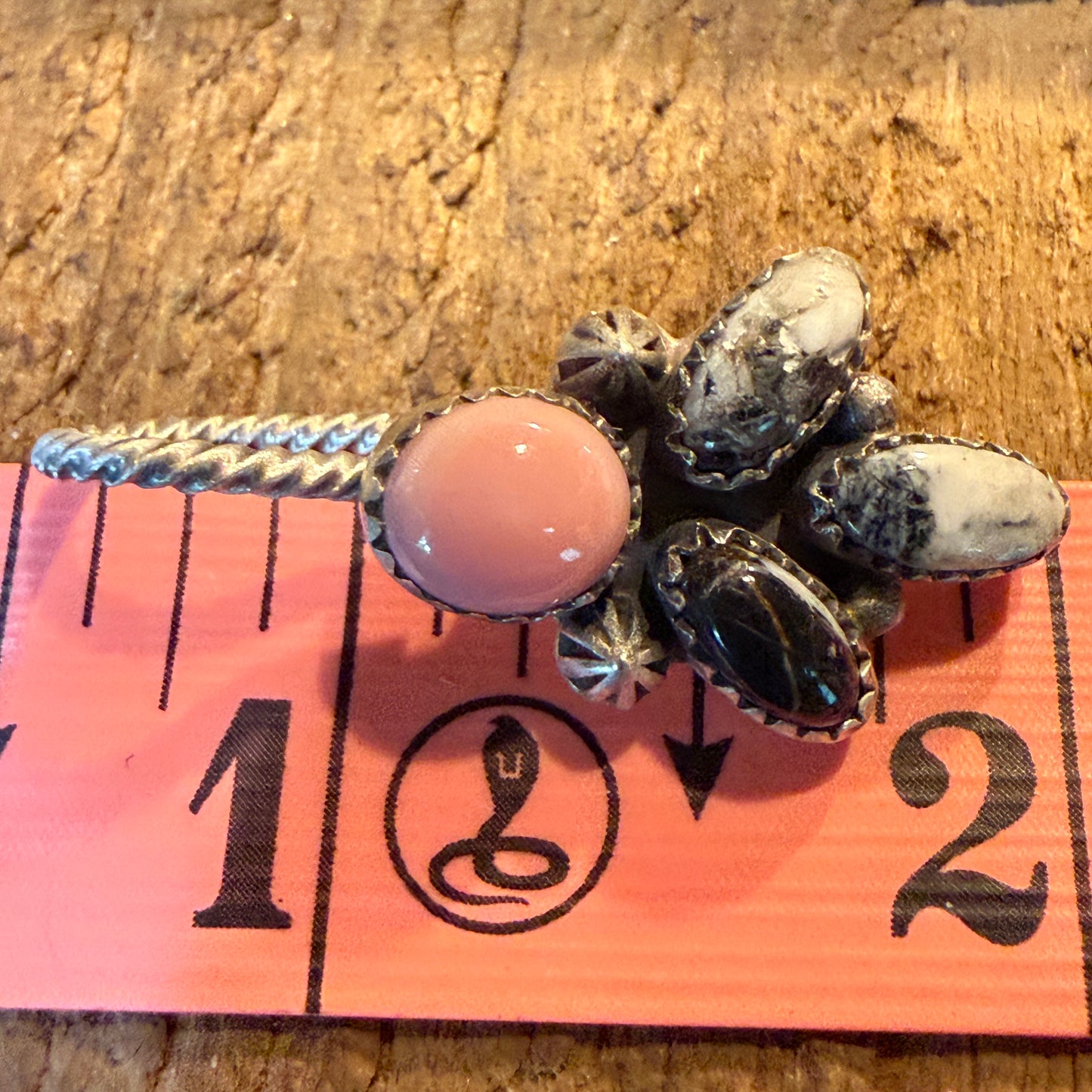 White Buffalo And Pink Conch Gemstone Hat Purse Slider Pin Charm Sterling Silver