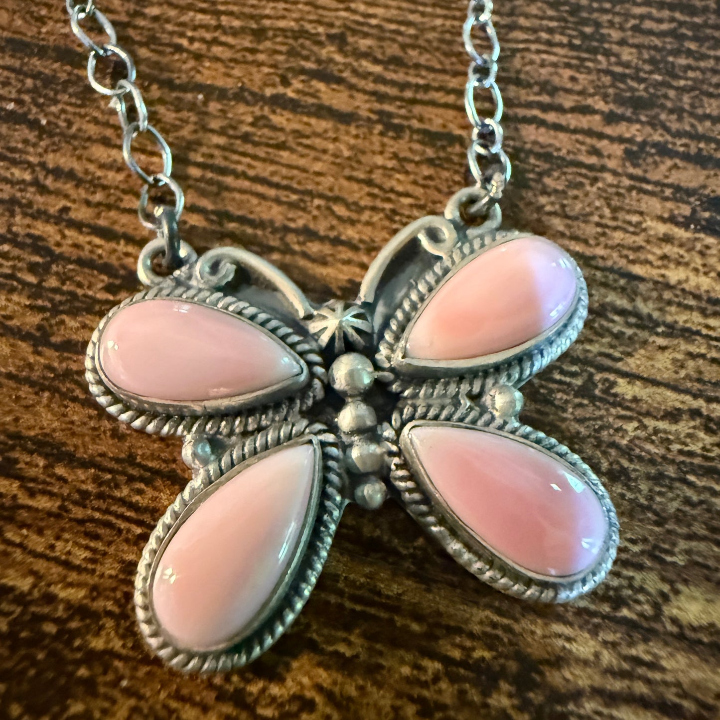 Pink Conch Butterfly Gemstone Necklace 18 Inch Sterling Silver