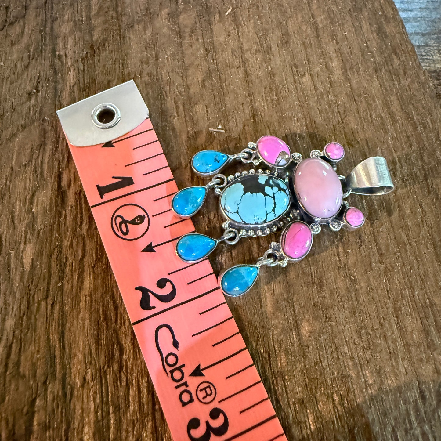 Cotton Candy Pink Conch and Kingman Turquoise Gemstone Cluster Pendant