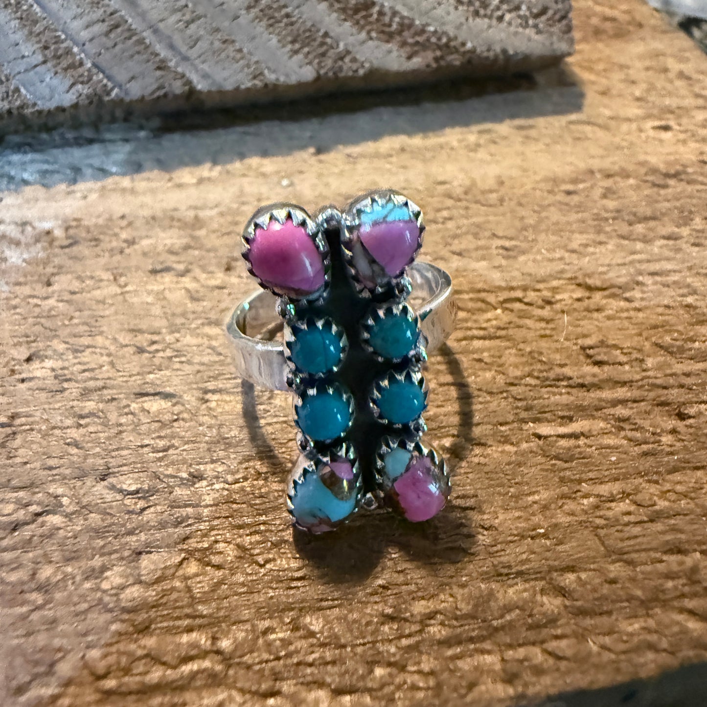 Cotton Candy White Buffalo Dahlia Turquoise Adjustable Ring Sterling Silver