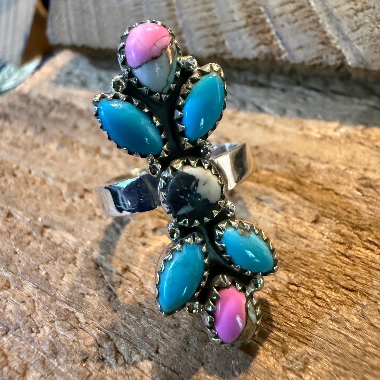 Cotton Candy Turquoise Dahlia Gemstone Statement Adjustable Sterling Silver Ring