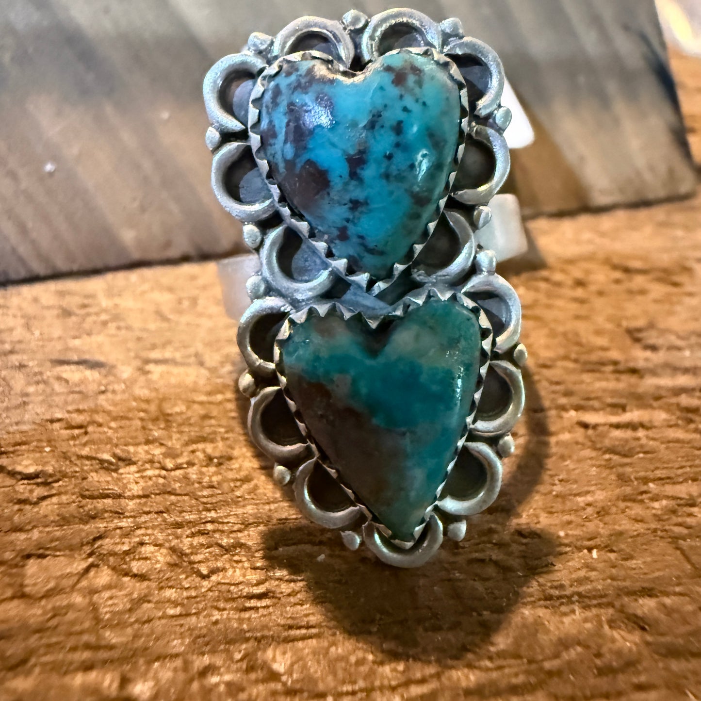 Pilot Mountain Turquoise Gemstone Double Heart Adjustable Ring Sterling Silver