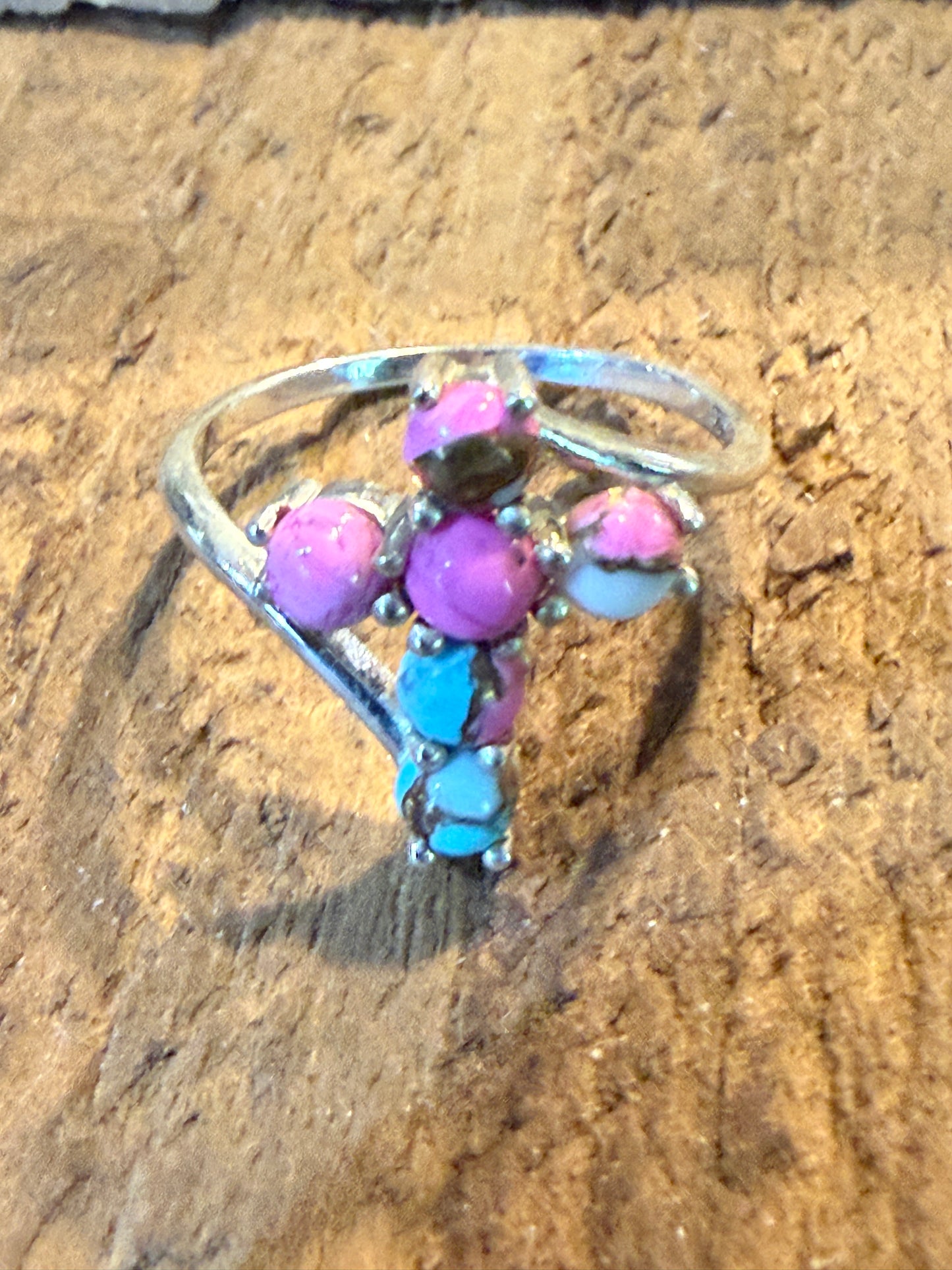 Cotton Candy Dahlia Gemstone Cross Ring Sterling Silver Size Seven Point Five