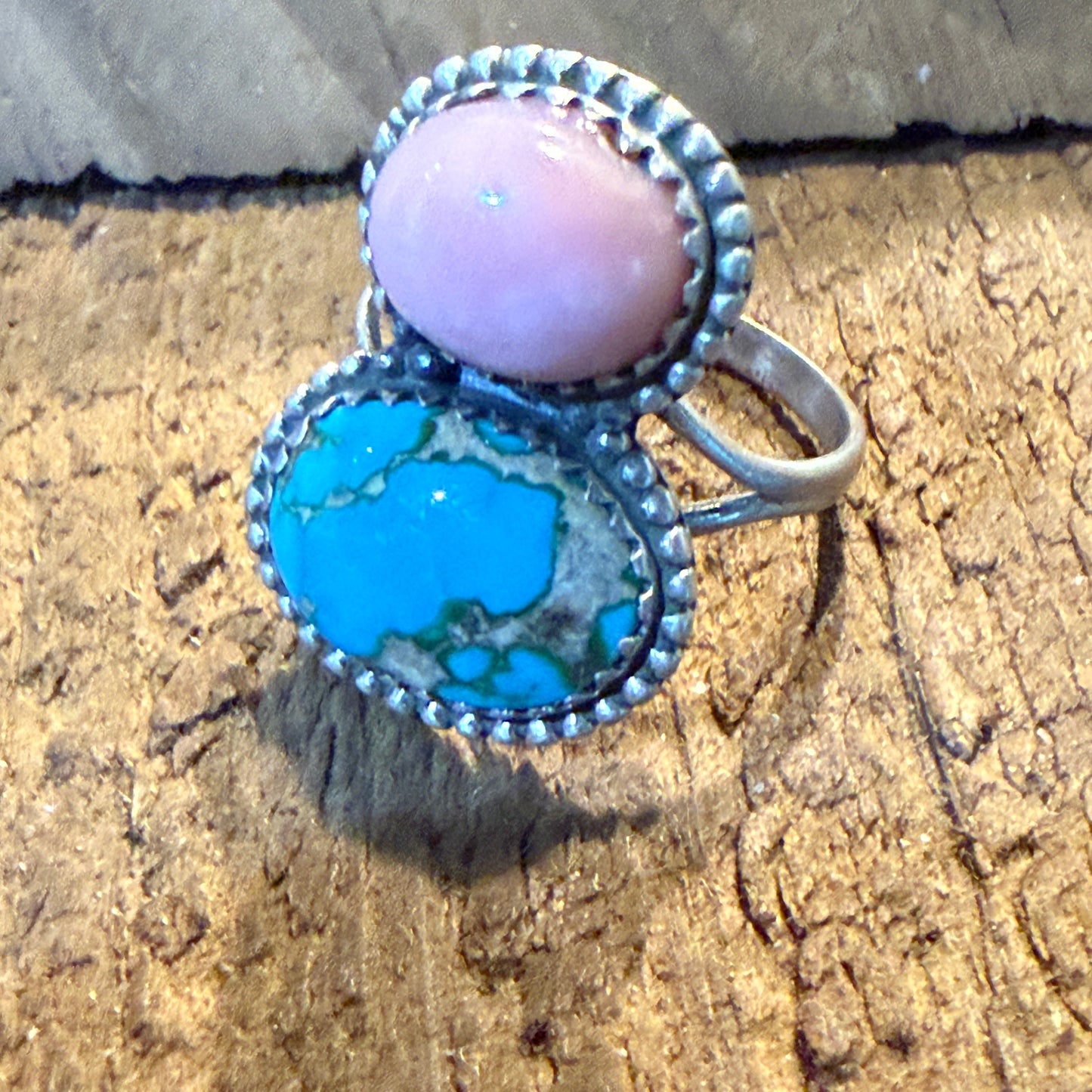 Pink Conch and White Water Turquoise Gemstone Ring in Sterling Silver Size 6