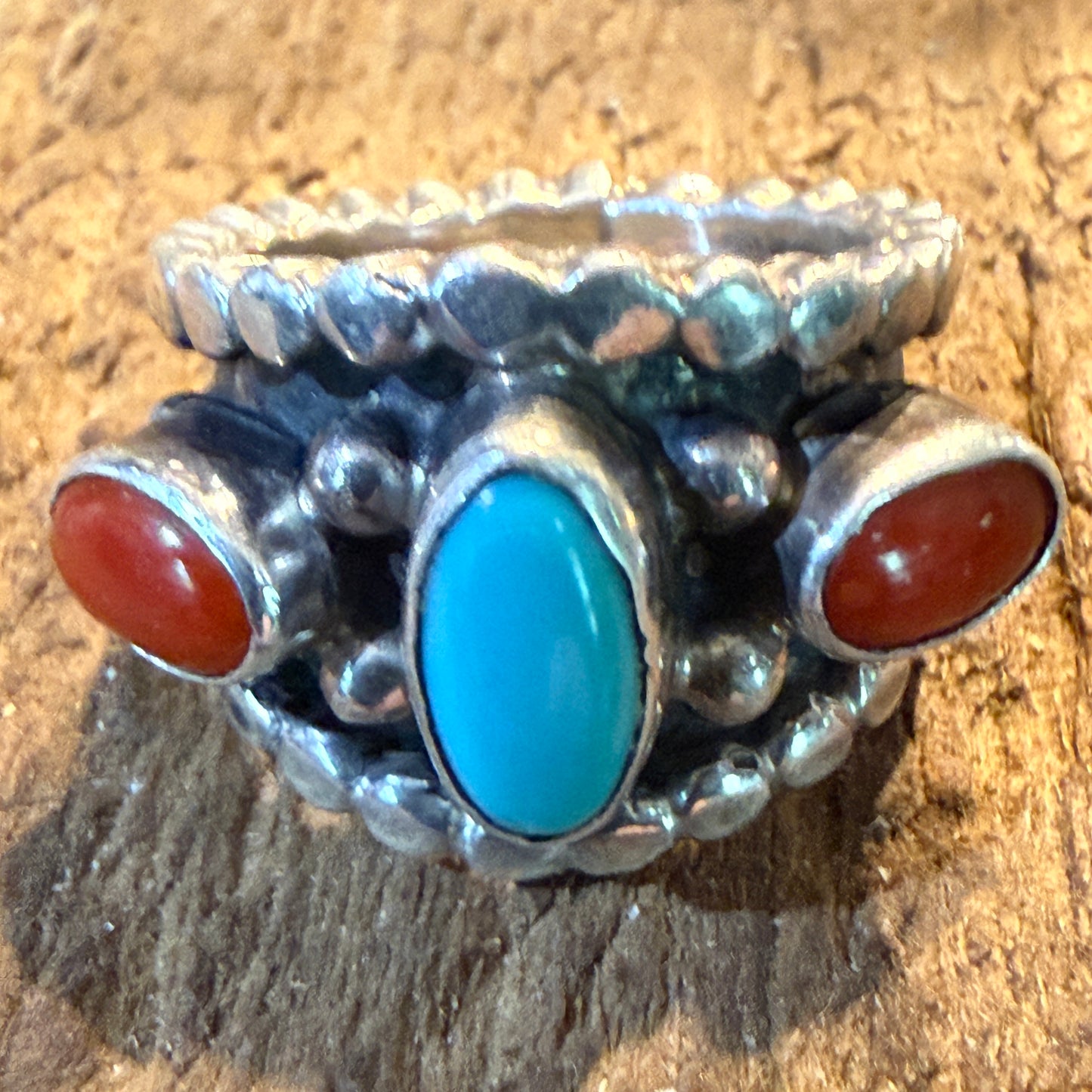 Native Style Kingman Turquoise and Coral Sterling Silver Ring Size 6