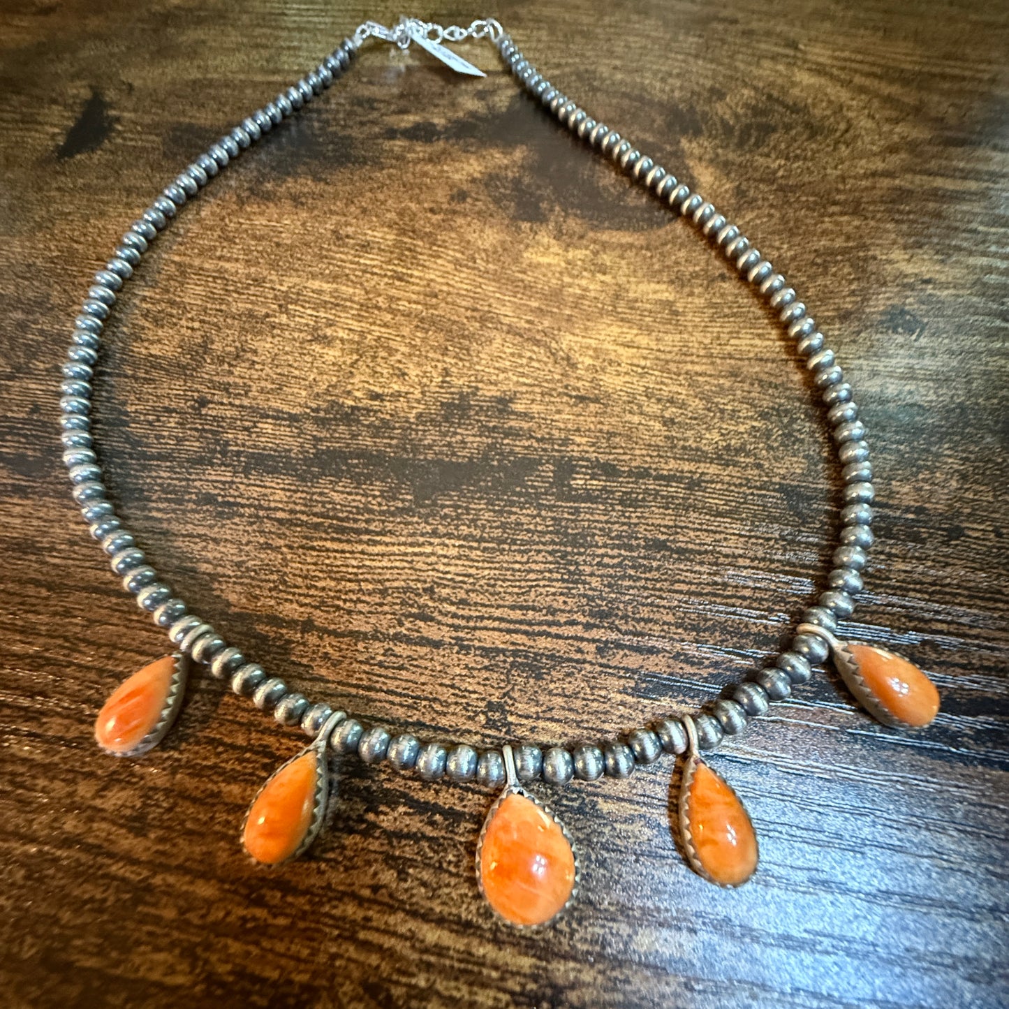 Southwestern Orange Spiny Oyster Gemstone Choker Necklace With 3mm Sterling Silver Beads