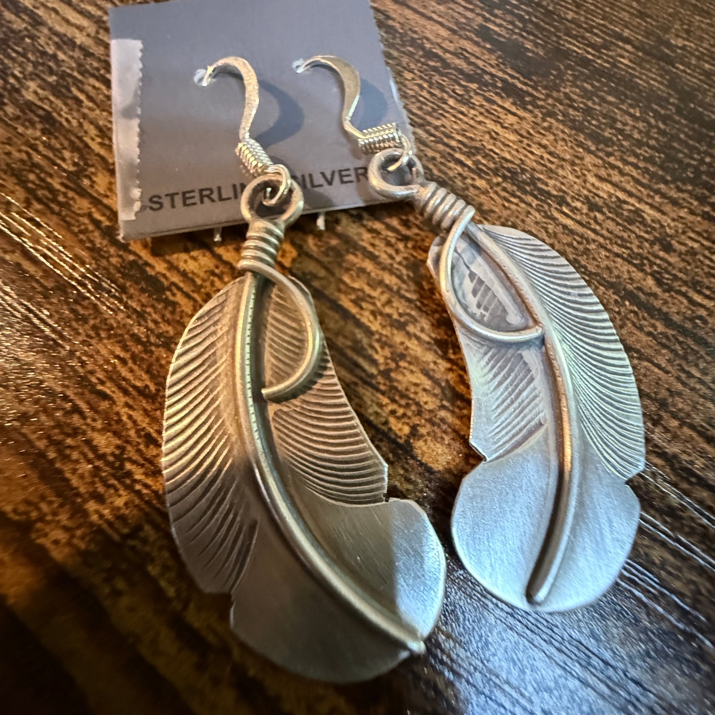 Native Handmade Feather Wire Drop Earrings Sterling Silver