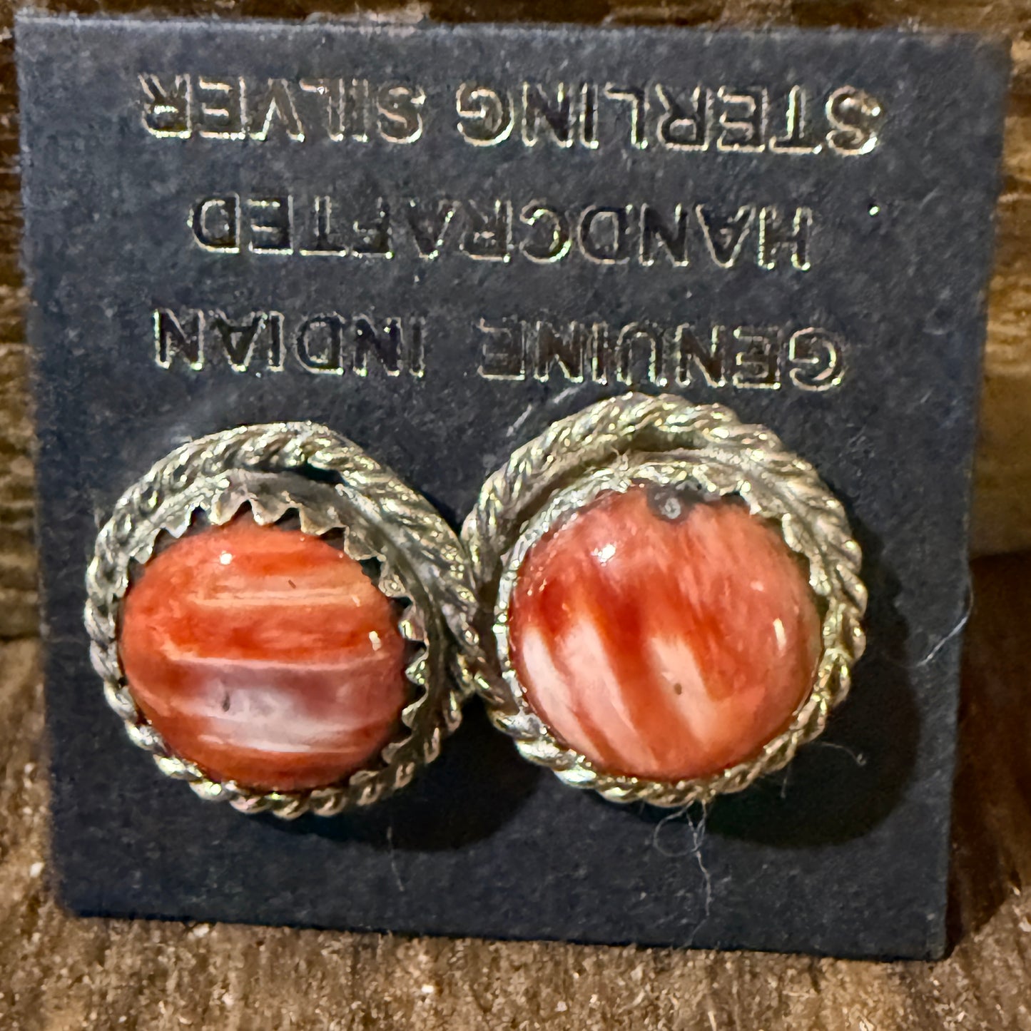 Navajo Handmade Spiny Oyster Gemstone Sterling Silver Signed Stud Earrings
