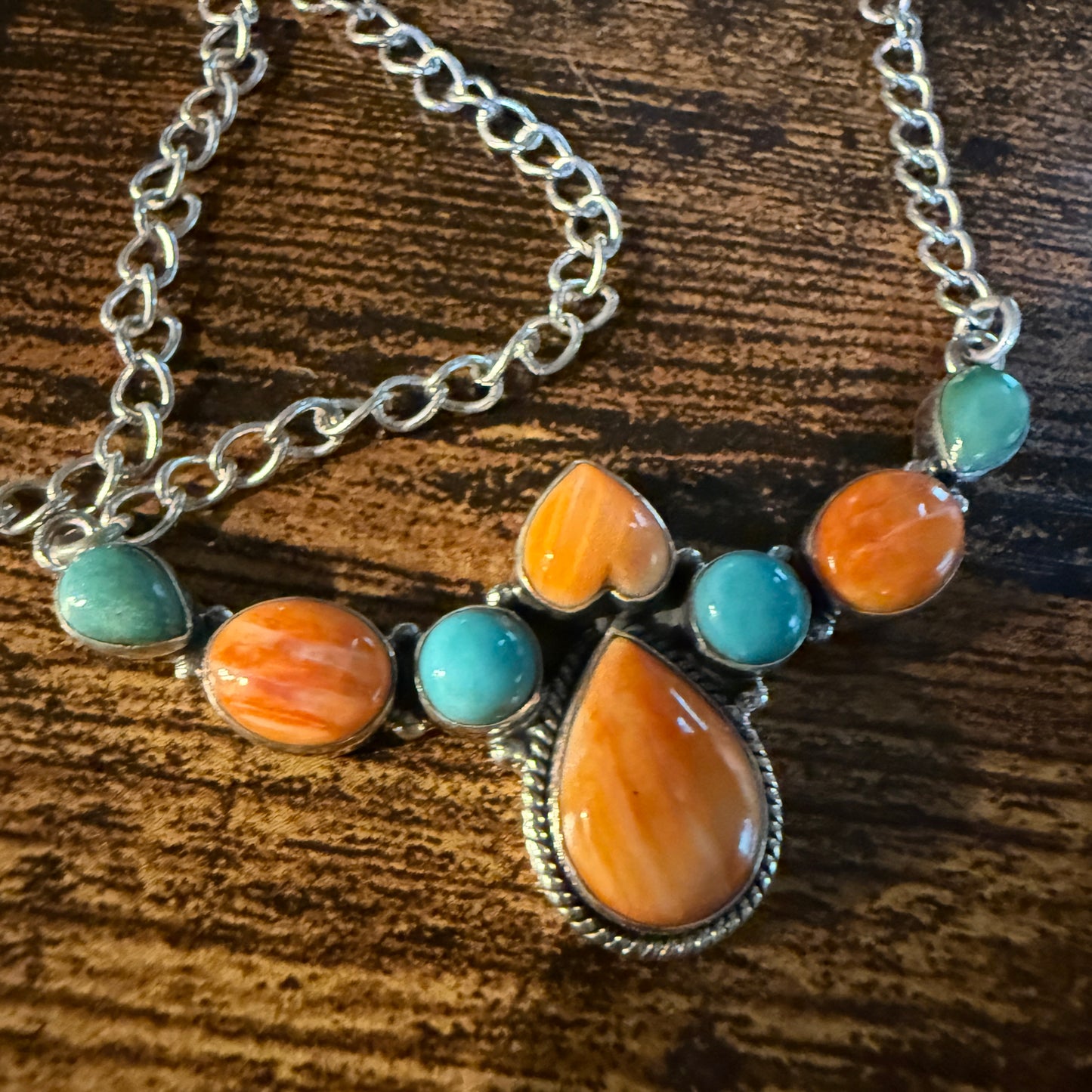 Orange Spiny Oyster and Kingman Turquoise Necklace Sterling Silver 18 Inch Chain