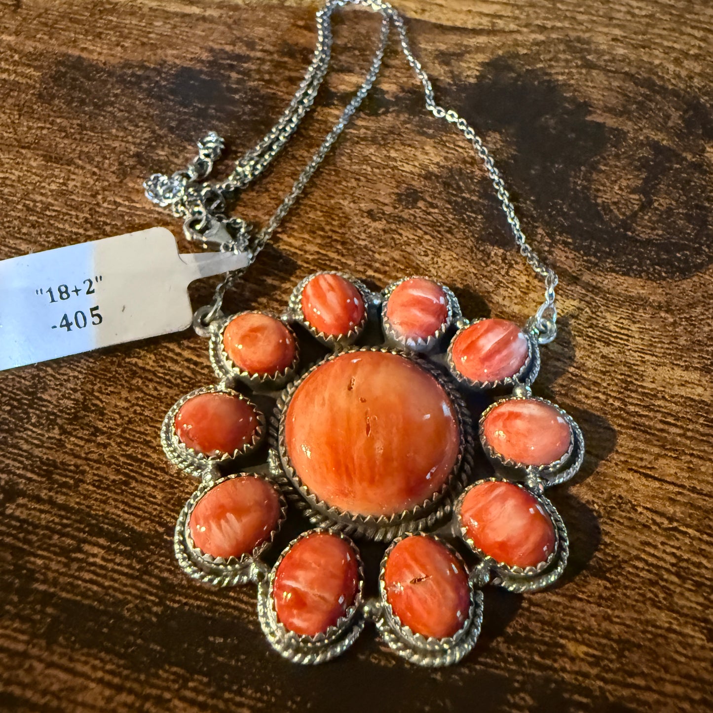 Orange Spiny Oyster Cluster Necklace in Sterling Silver with 18 Inch Chain