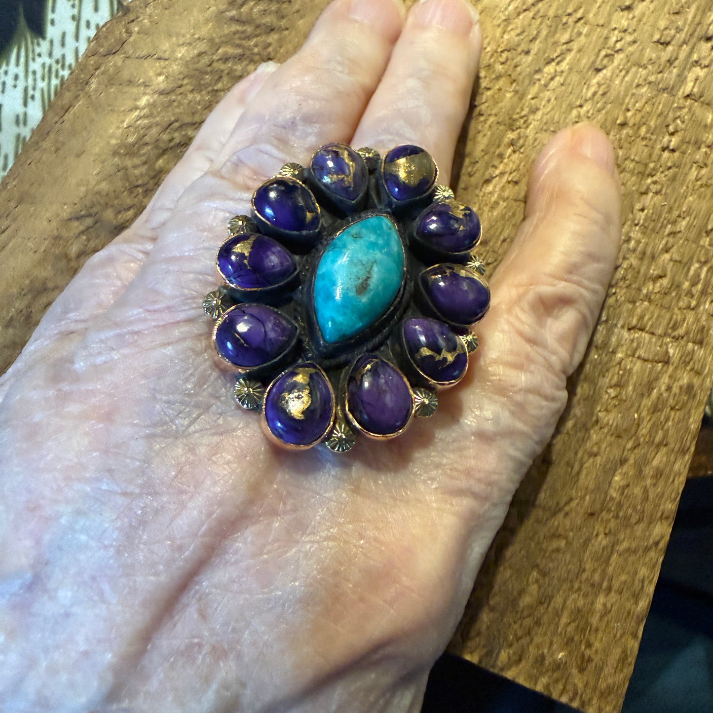 Purple Dahlia And Kingman Turquoise Statement Adjustable Ring Copper Wide Band
