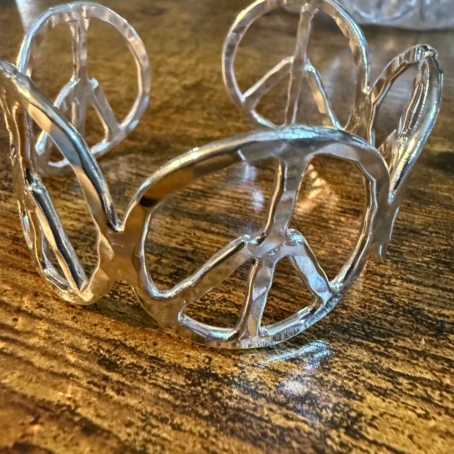 Woodstock Vibes Gold Peace Sign Hippie Bracelet Hammered Vintage Boho Cuff