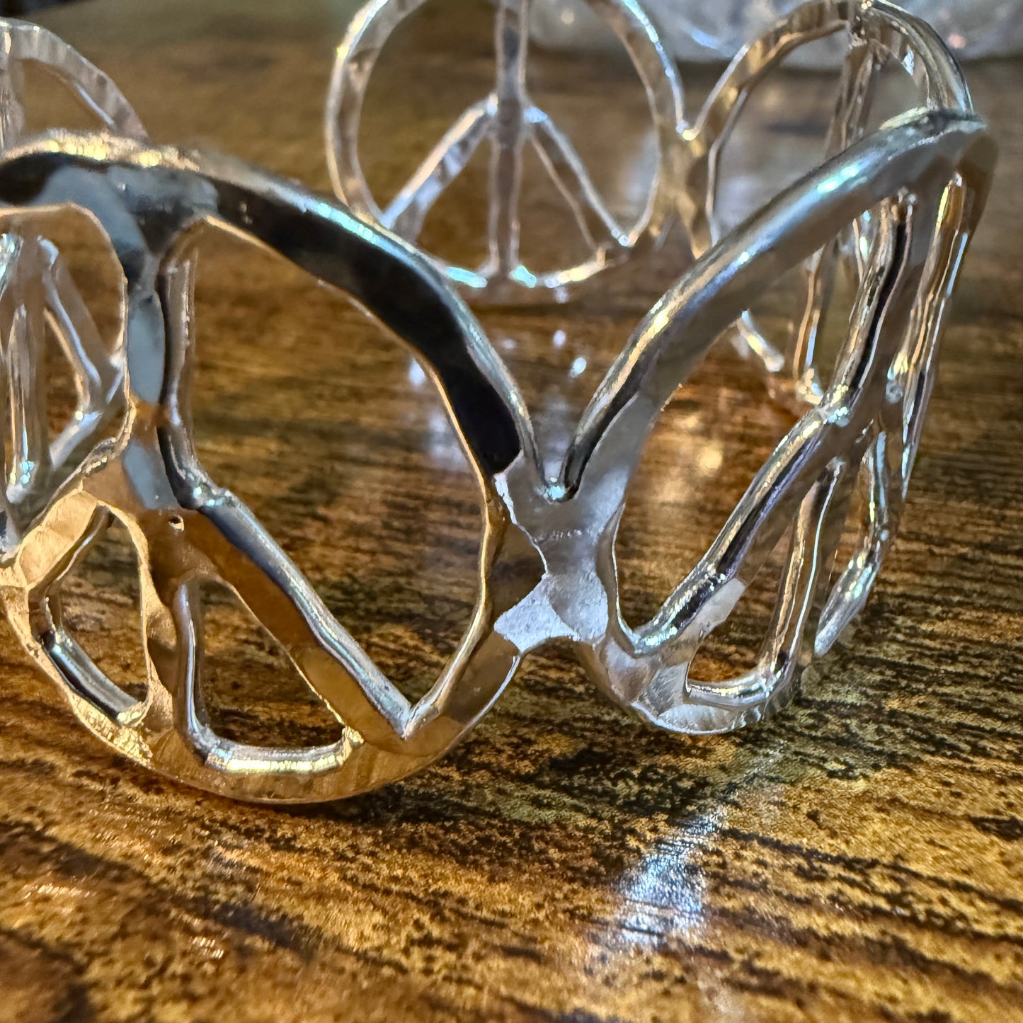 Silver Hammered Peace Sign Hippie Cuff Bracelet Boho Woodstock Vibes