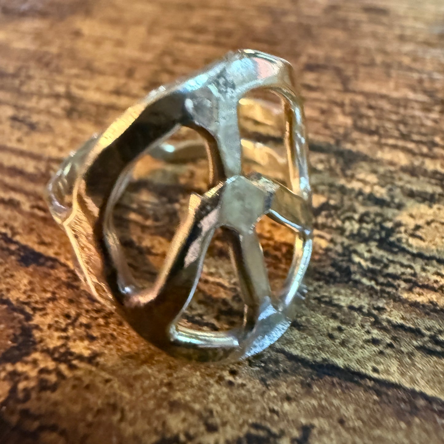Gold Hammered Peace Sign Hippie Ring Boho Vintage Style Adjustable
