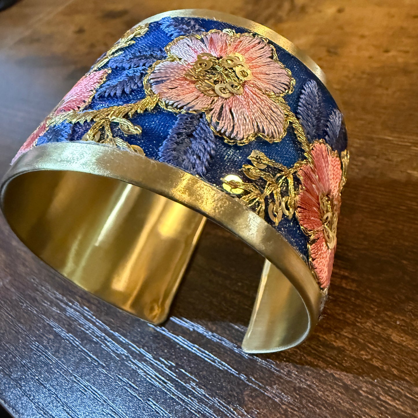 Summer Bloom Gold Tone Embroidered Flex Cuff Bracelet With Floral Embroidery