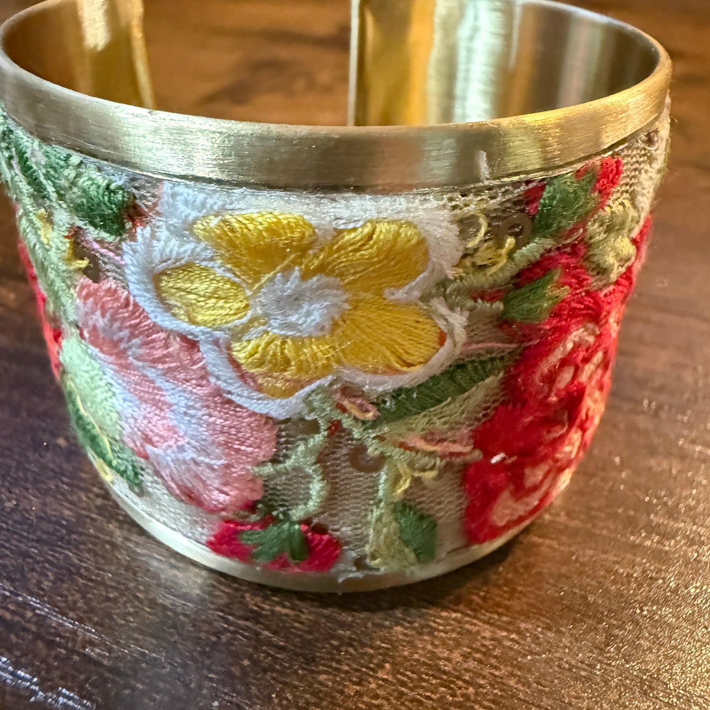 Spring Bloom Handcrafted Floral Embroidery Gold Tone Cuff Flex Bracelet