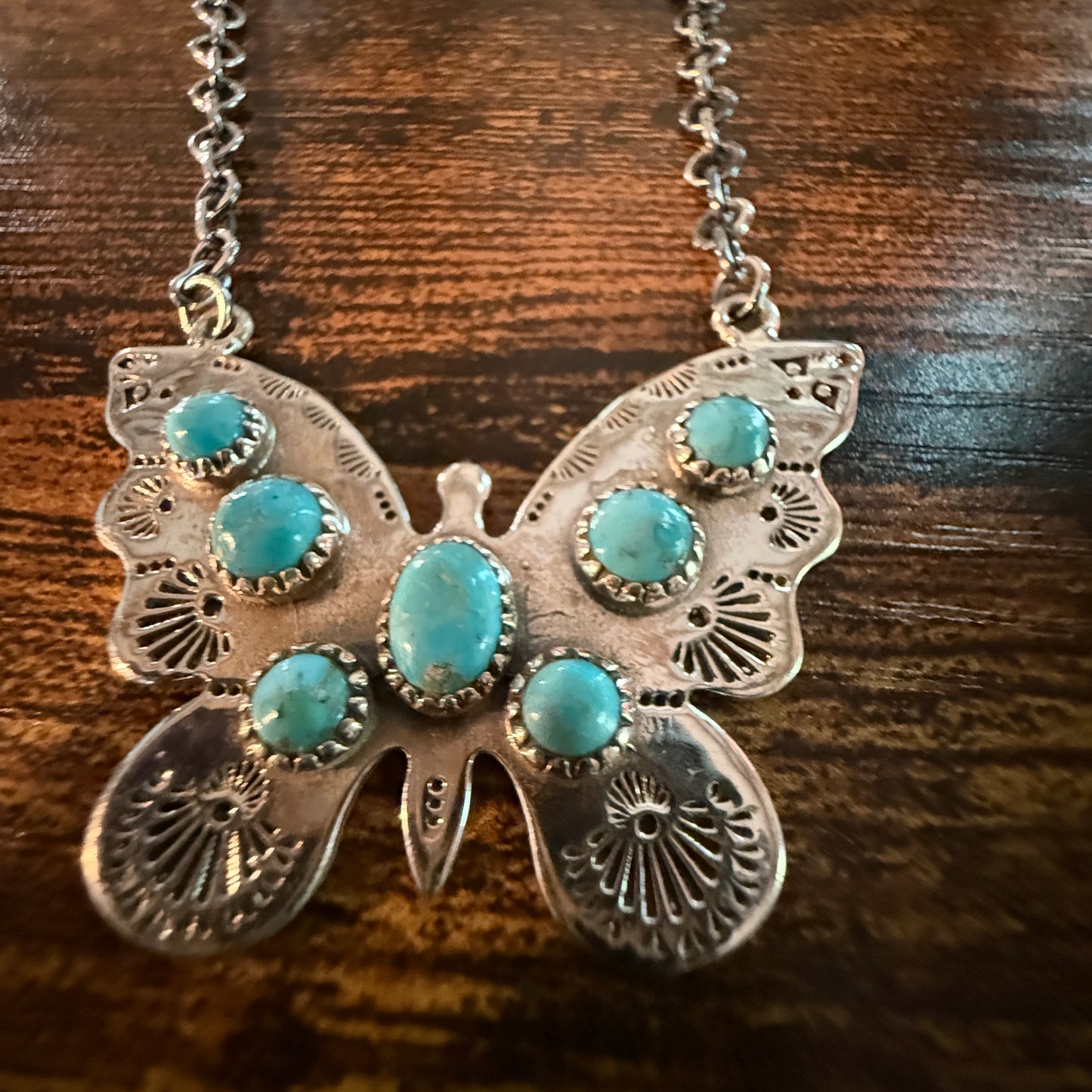 Navajo Kingman Turquoise Butterfly Necklace Sterling Silver 18 Inch Chain