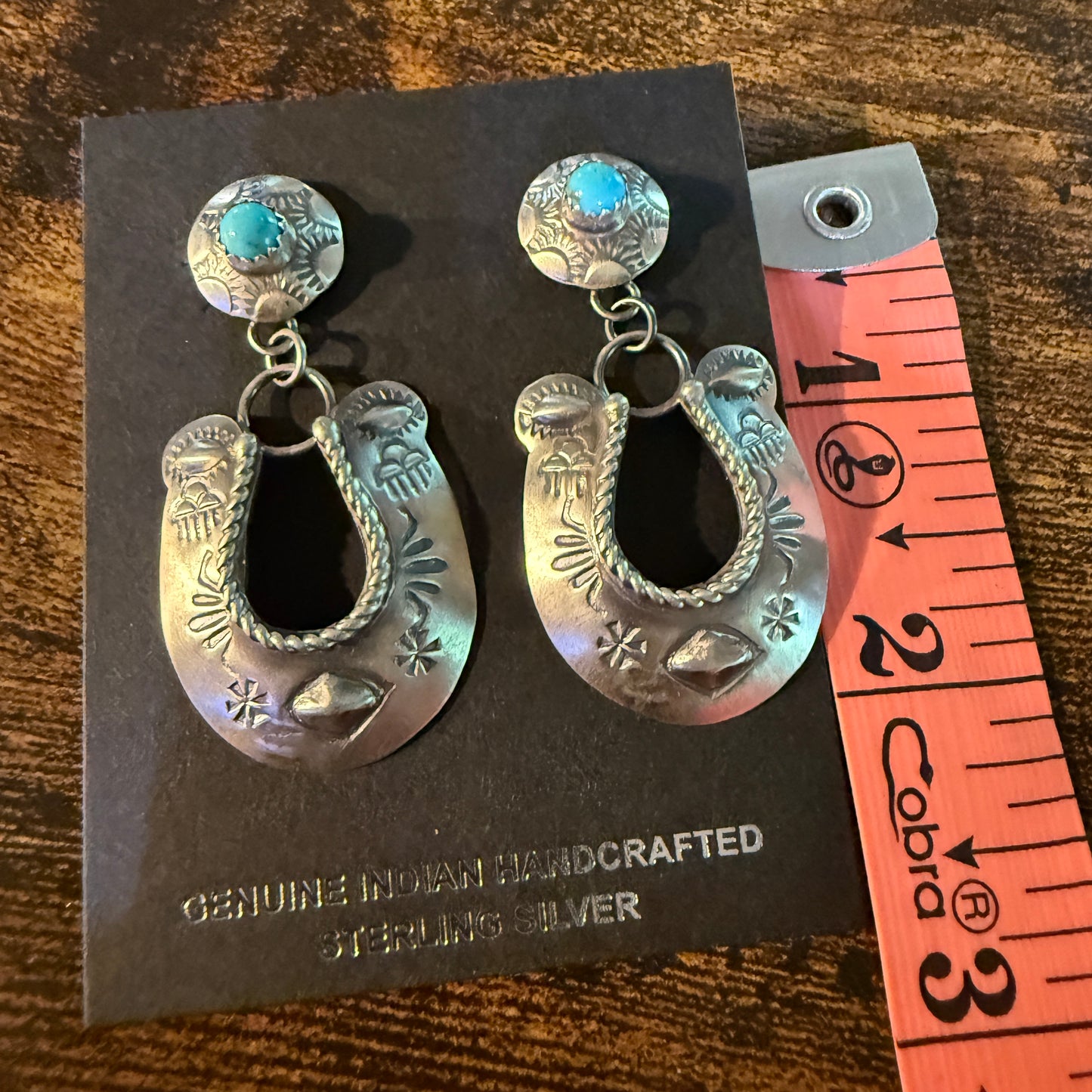Native Handmade Gabriela Yazzie Turquoise Kingman Horseshoe Drop Earring Silver