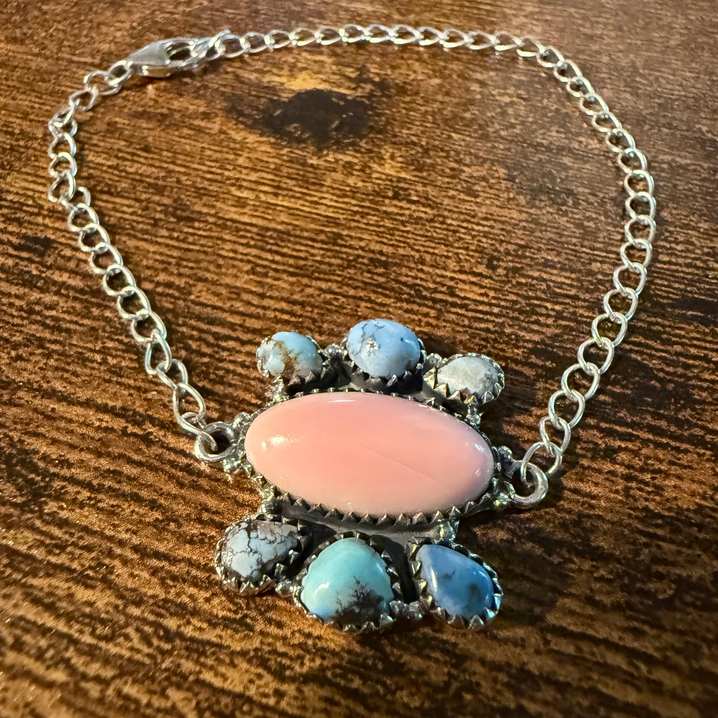 Pink Conch And White Water Turquoise Gemstone Bracelet Sterling Silver 8 Inch