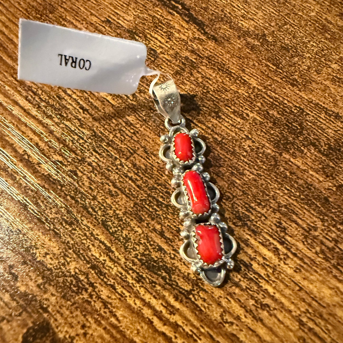 Navajo Style Coral Gemstone Pendant in Sterling Silver