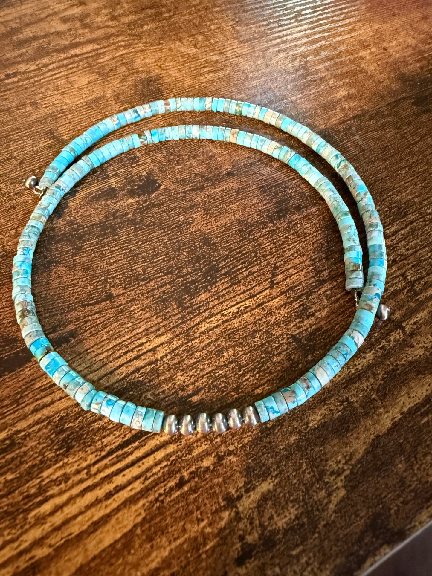 Kingman Turquoise and Sterling Pearls Choker Wire Beaded Necklace Wild West Boho