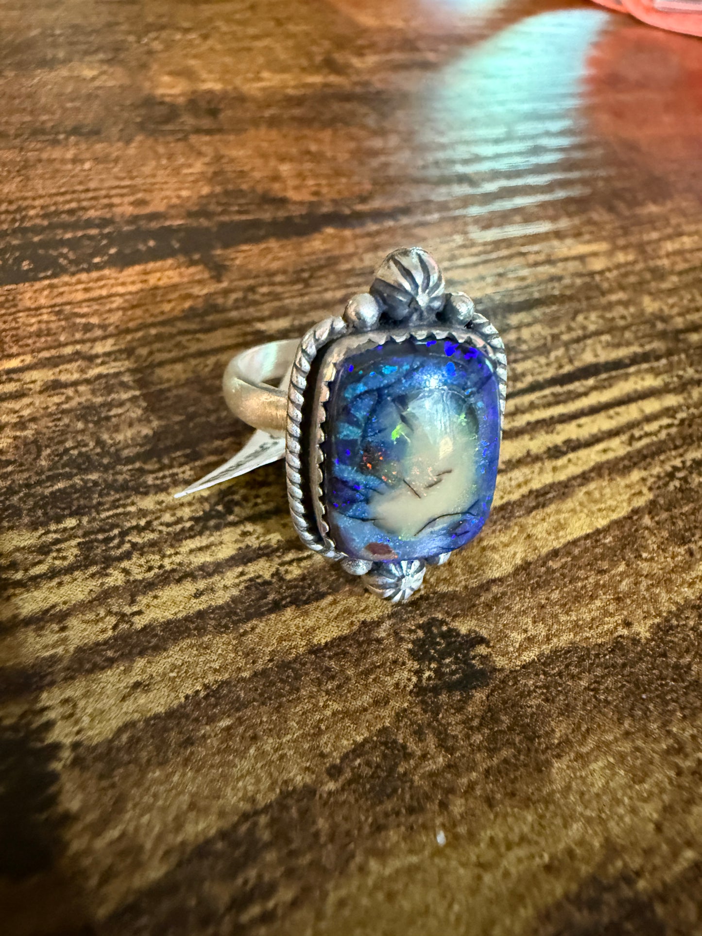 Purple Opal Gemstone Ring, Adjustable, Sterling Silver Wild West Boho