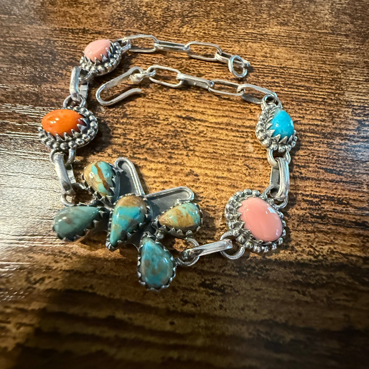 Number 8 Pink Conch Orange Spiny Gemstone Butterfly Bracelet in Sterling Silver 7.5 Inch Wild West Boho