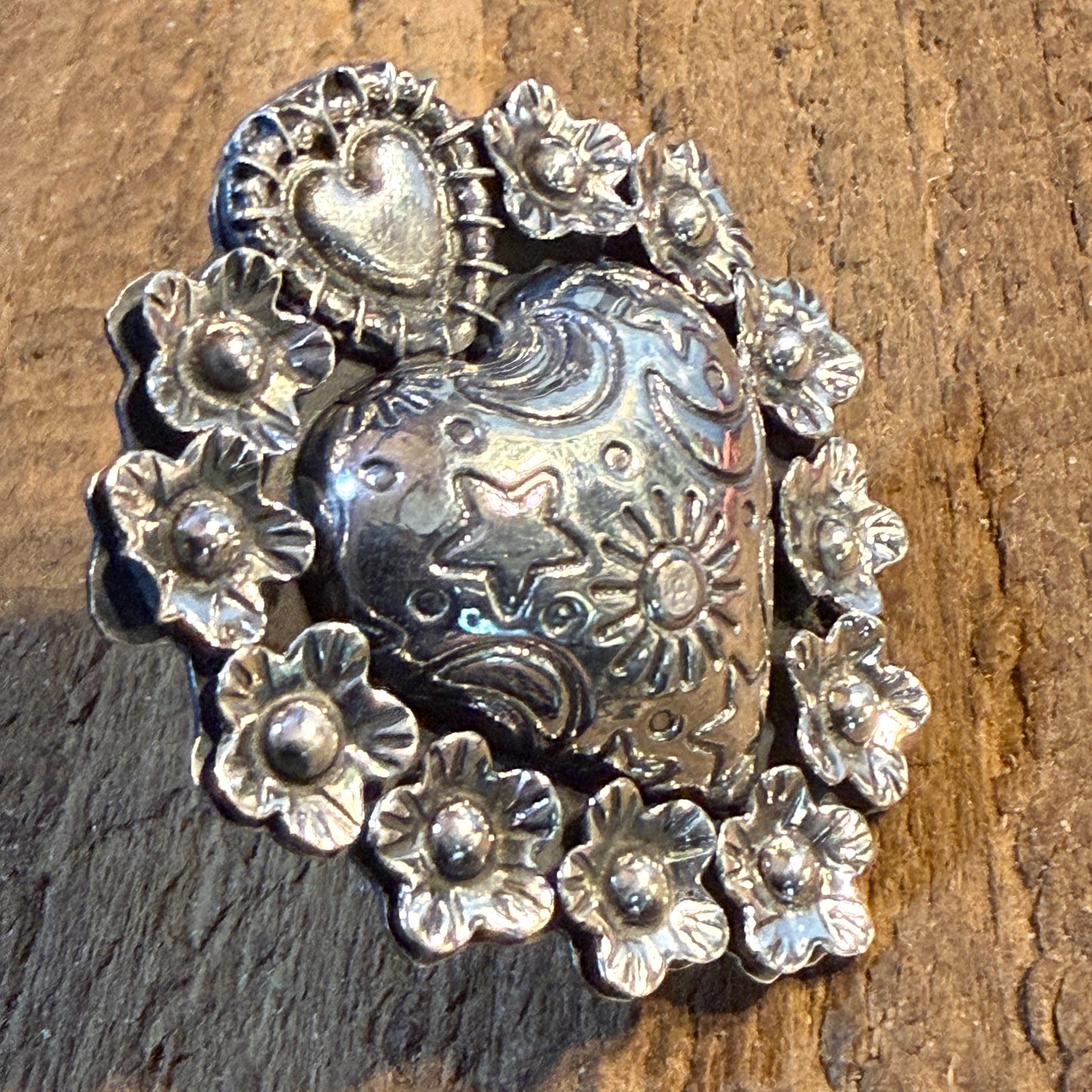 Stunning Hearts and Flowers Statement Cuff Adjustable Ring, Sterling Silver Wild West Boho
