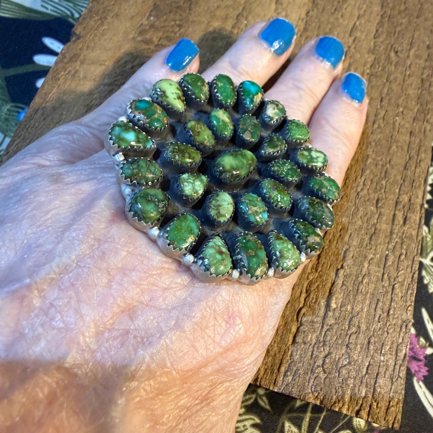 Sonoran Gold Turquoise Gemstones Cluster Oversized Statement Ring, Adjustable, Sterling Silver Wild West Boho