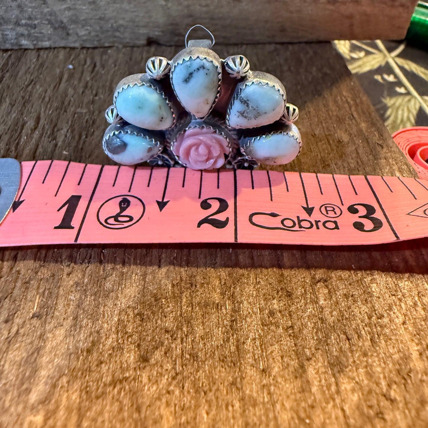 Pink Conch and Palomino Half Cluster Adjustable Ring, Sterling Silver Wild West Boho