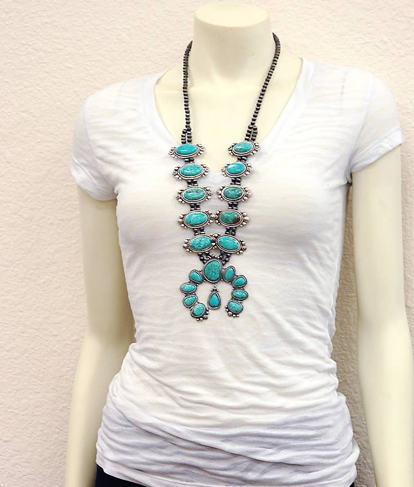 Navajo Style Turquoise Squash Blossom Necklace Silver Plate