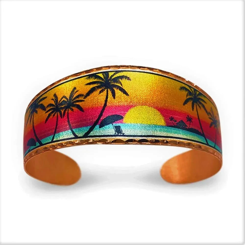 Handmade Boho Tropical Cuff Bracelet, Florida Tropical Palm Wide Cuff Bracelet, Gift Box - Silver Elegant