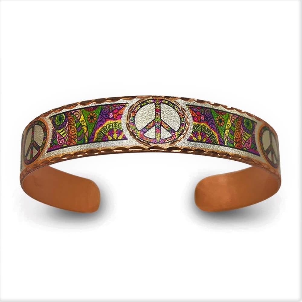Handmade Boho Copper Narrow Cuff Bracelet, Diamond Cut Hippie Peace Design, Gift Box - Silver Elegant