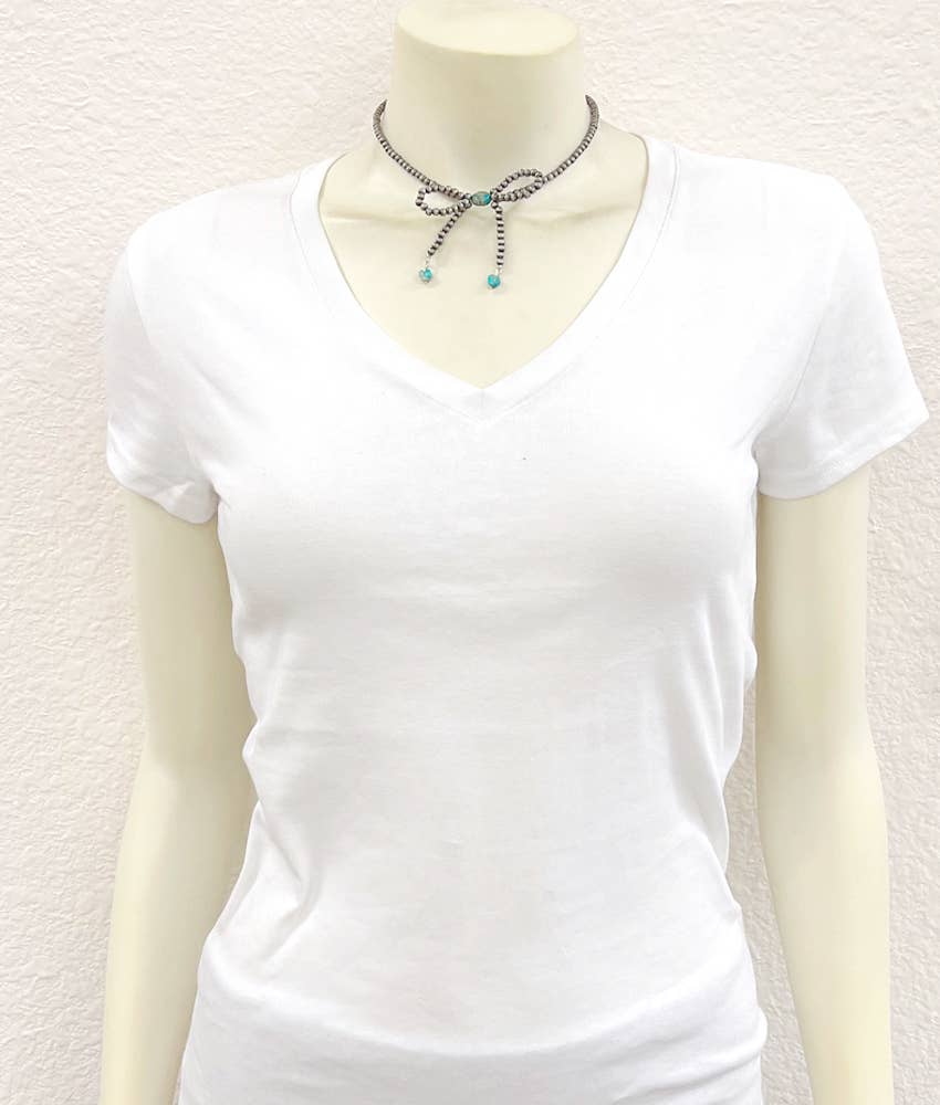 Handmade 15 Inch Ribbon Bow Necklace with Tiny Navajo Beads and Gemstones